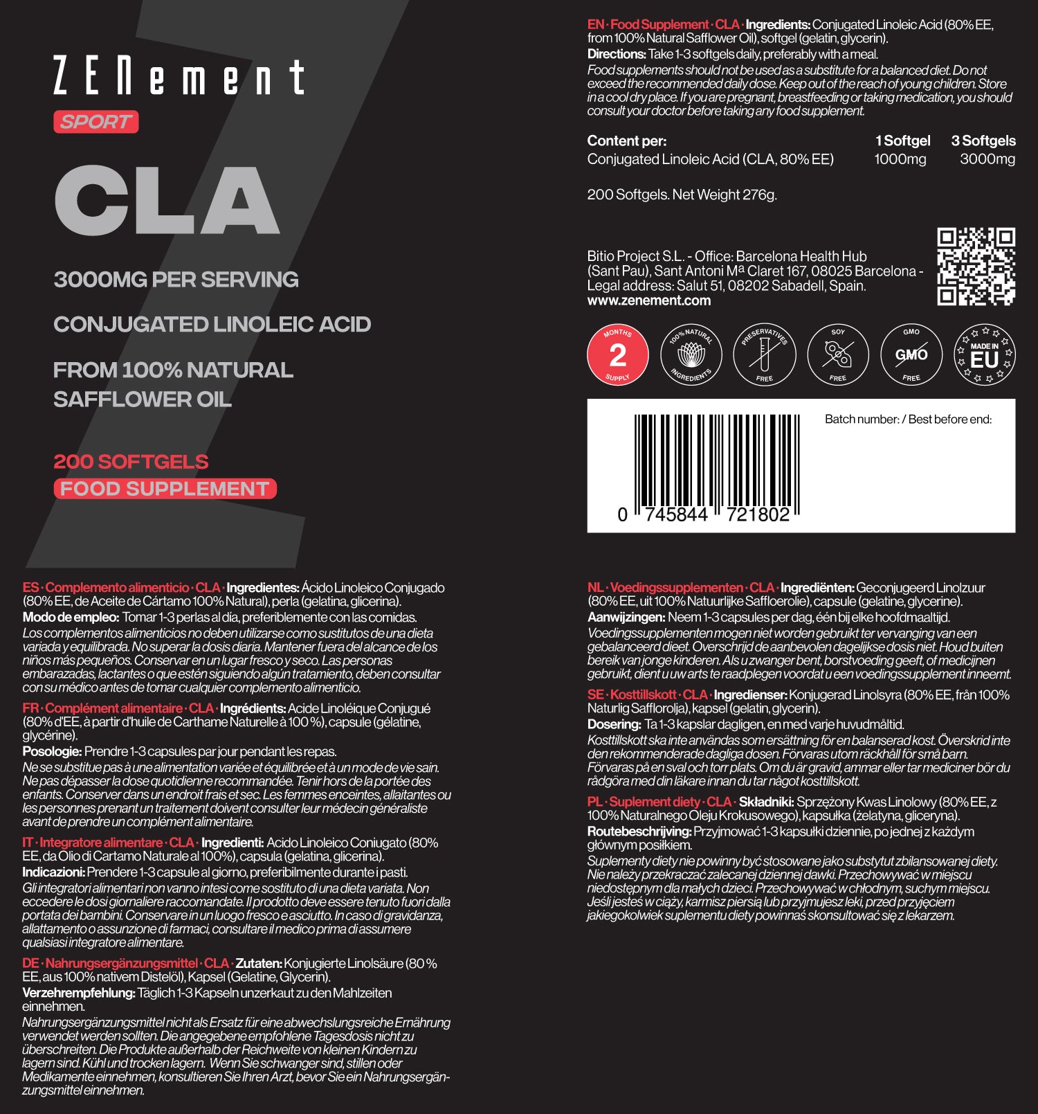 CLA  3000 mg par dose - 180 Capsules