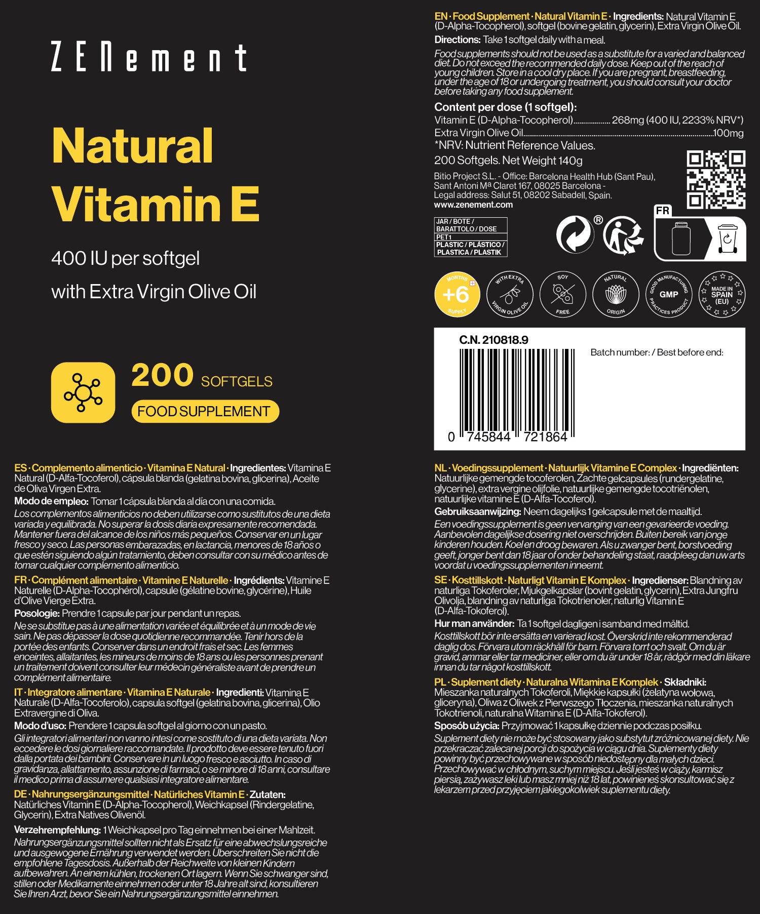 Natural Vitamin E - 400 IU (D-Alpha-Tocopherol) - 200 Softgels