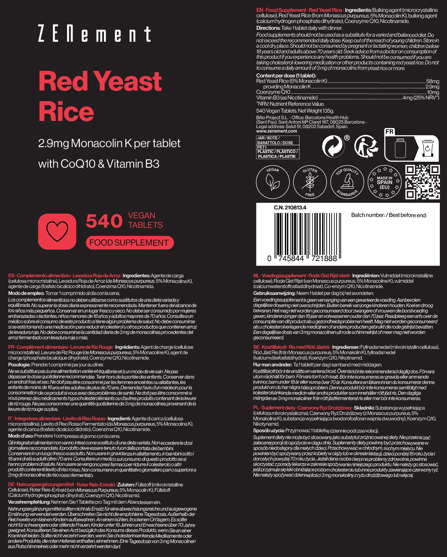 Red Yeast Rice with 2.9mg of Monacolin K, 10mg of CoQ10 & Vitamin B3 - 540 Tablets
