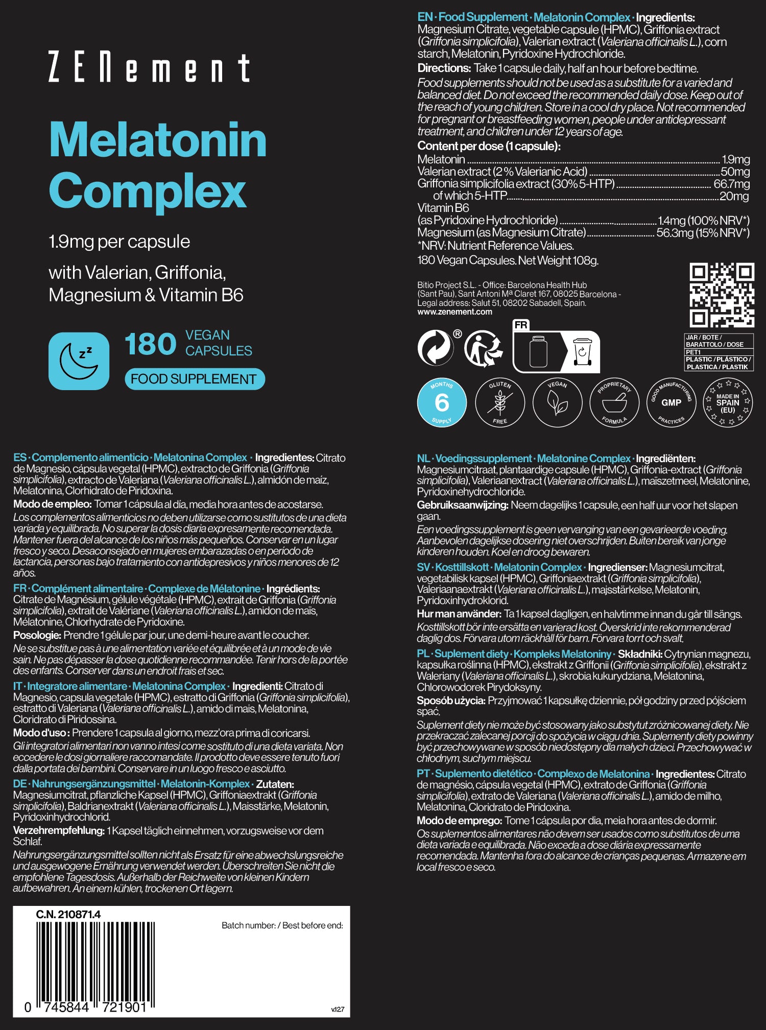 Complexe de Mélatonine 1,9 mg par gélule - 180 Gélules Véganes