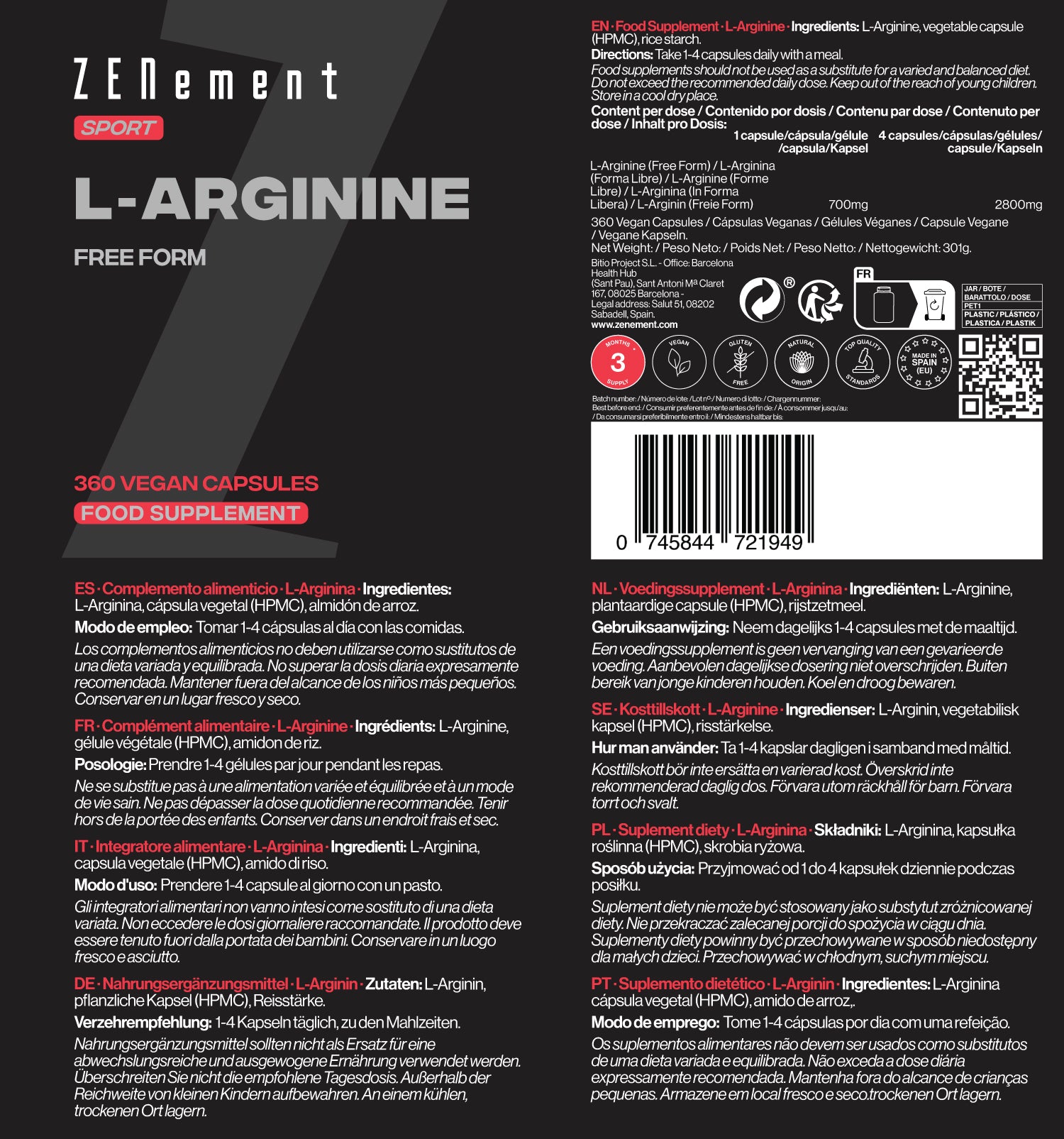 L-Arginine 700mg per serving - 360 Capsules
