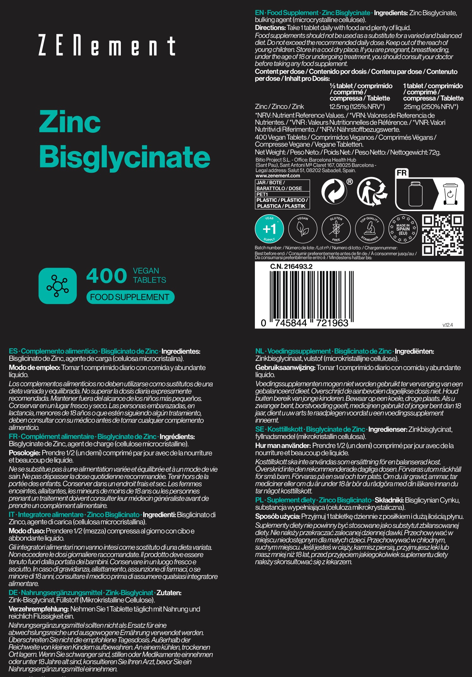 Zinc 25mg (Bisglycinate) - 400 Tablets
