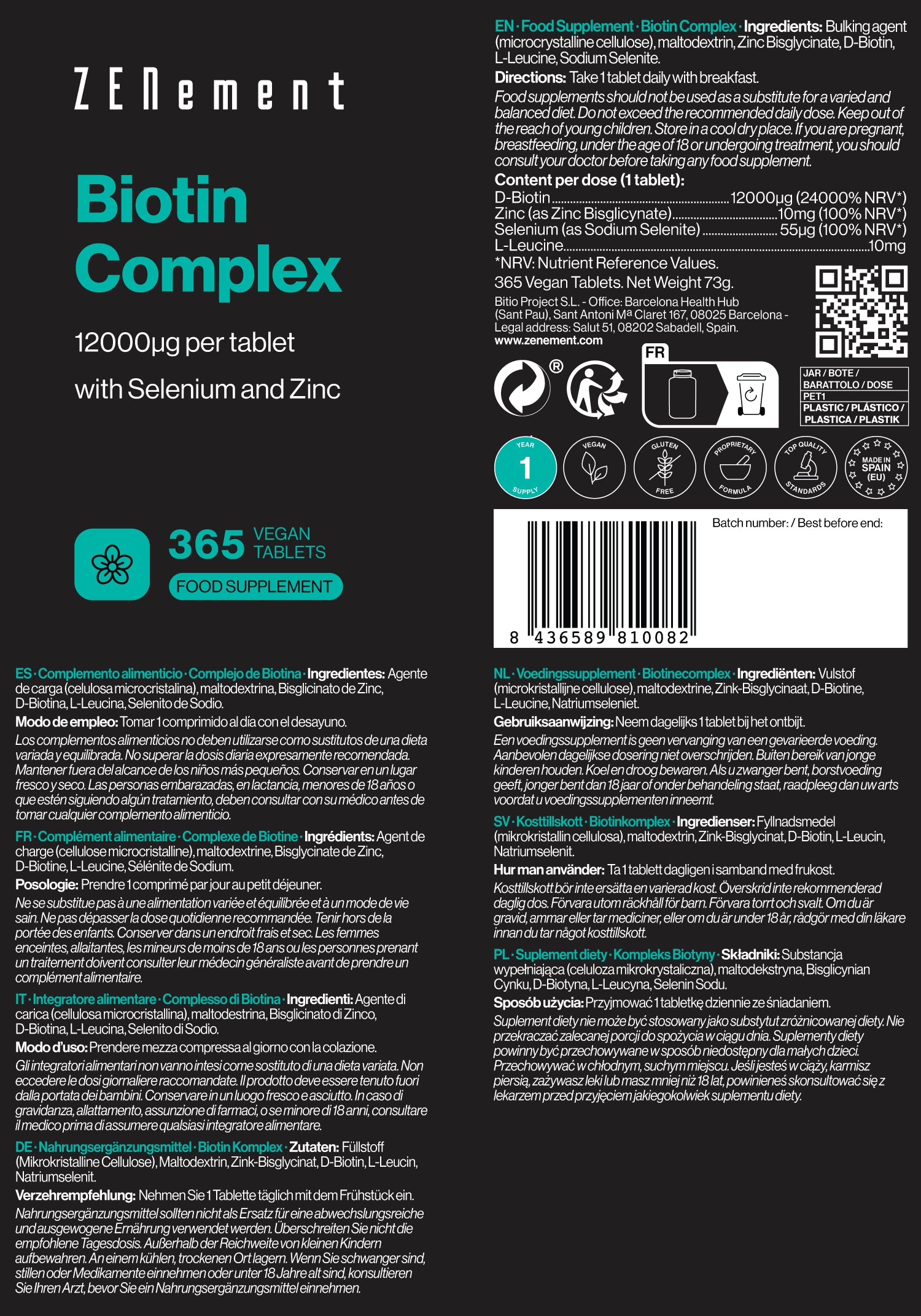 Biotin Complex 12000µg per tablet  - 365 Vegan Tablets