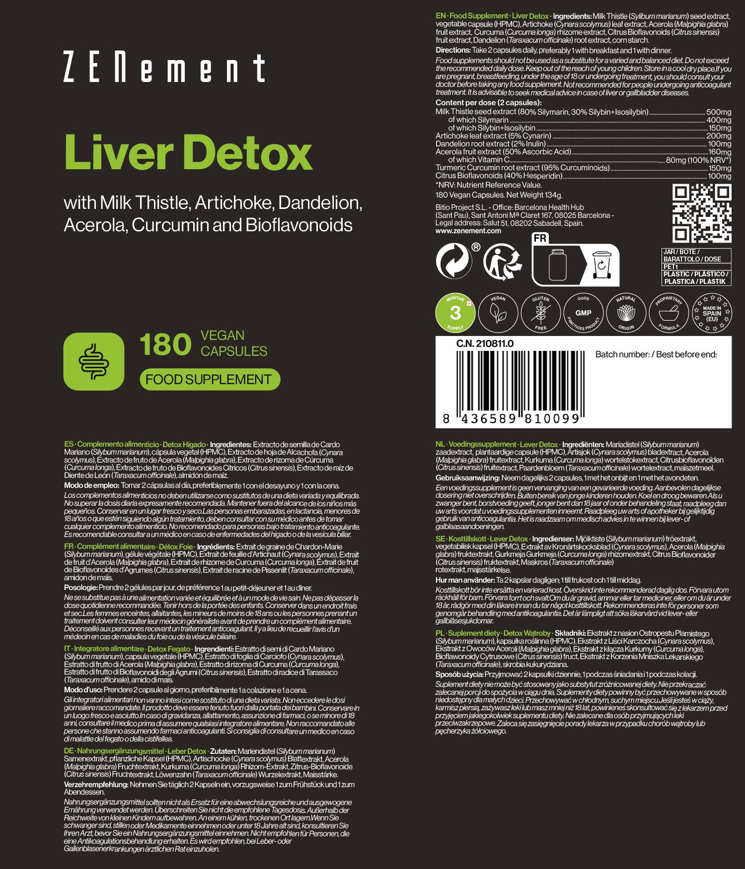 Liver Detox with Milk Thistle, Artichoke, Dandelion, Acerola, Curcumin and Bioflavonoids - 180 Capsules