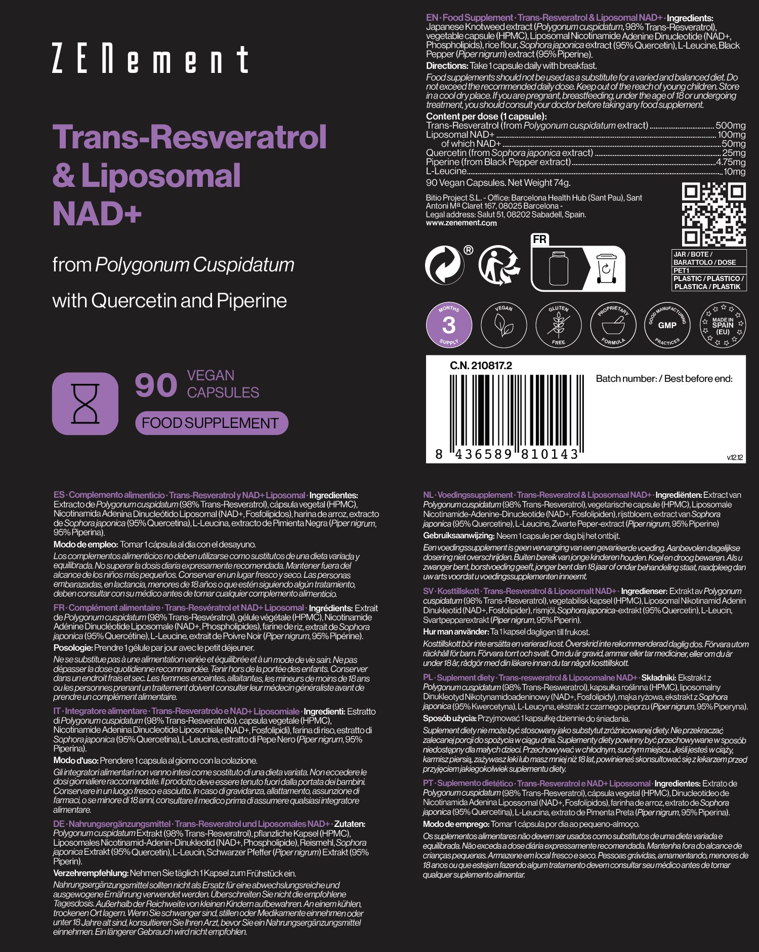 Trans-Resveratrol y NAD+ Liposomal  con Quercetina y Piperina - 90 Cápsulas Veganas