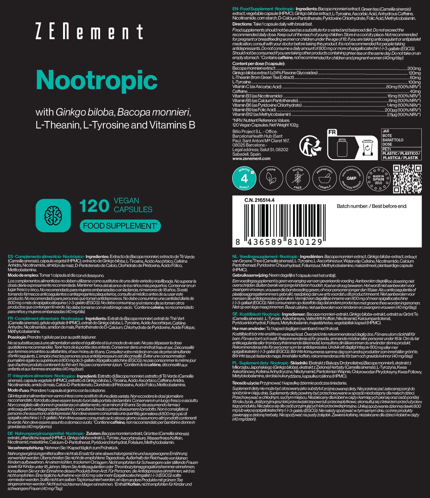 Nootropique avec Ginkgo biloba, Bacopa, Thé Vert, Tyrosine et Vitamines B - 120 Gélules