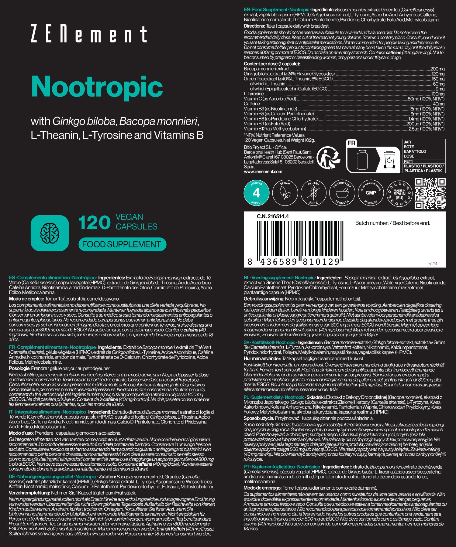 Nootrópico con Ginkgo biloba, Bacopa, Té Verde, Tirosina y vitaminas del grupo B - 120 Cápsulas