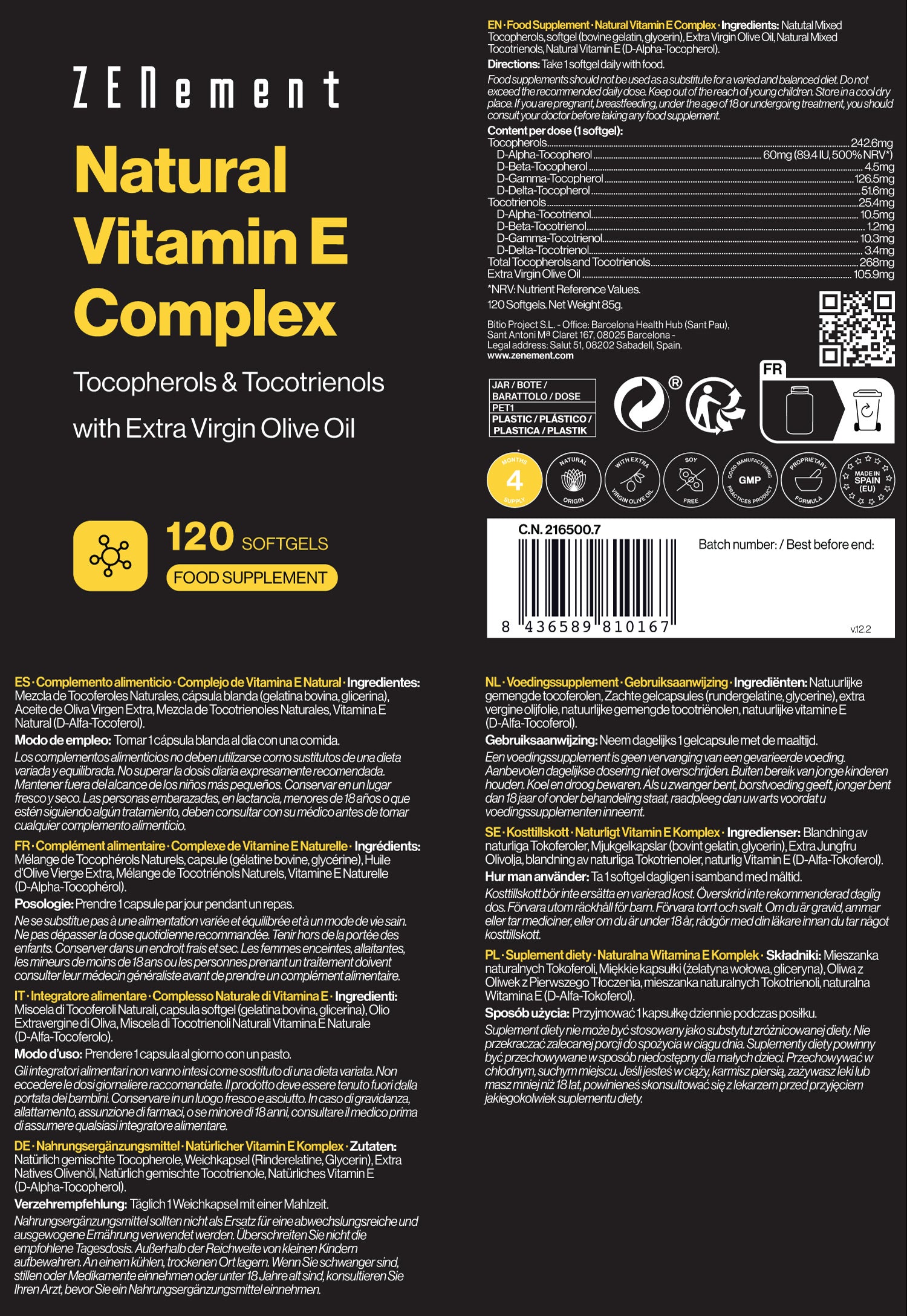 Natürlicher Vitamin E Komplex Tocopherole & Tocotrienole - 120 Weiche Kapseln