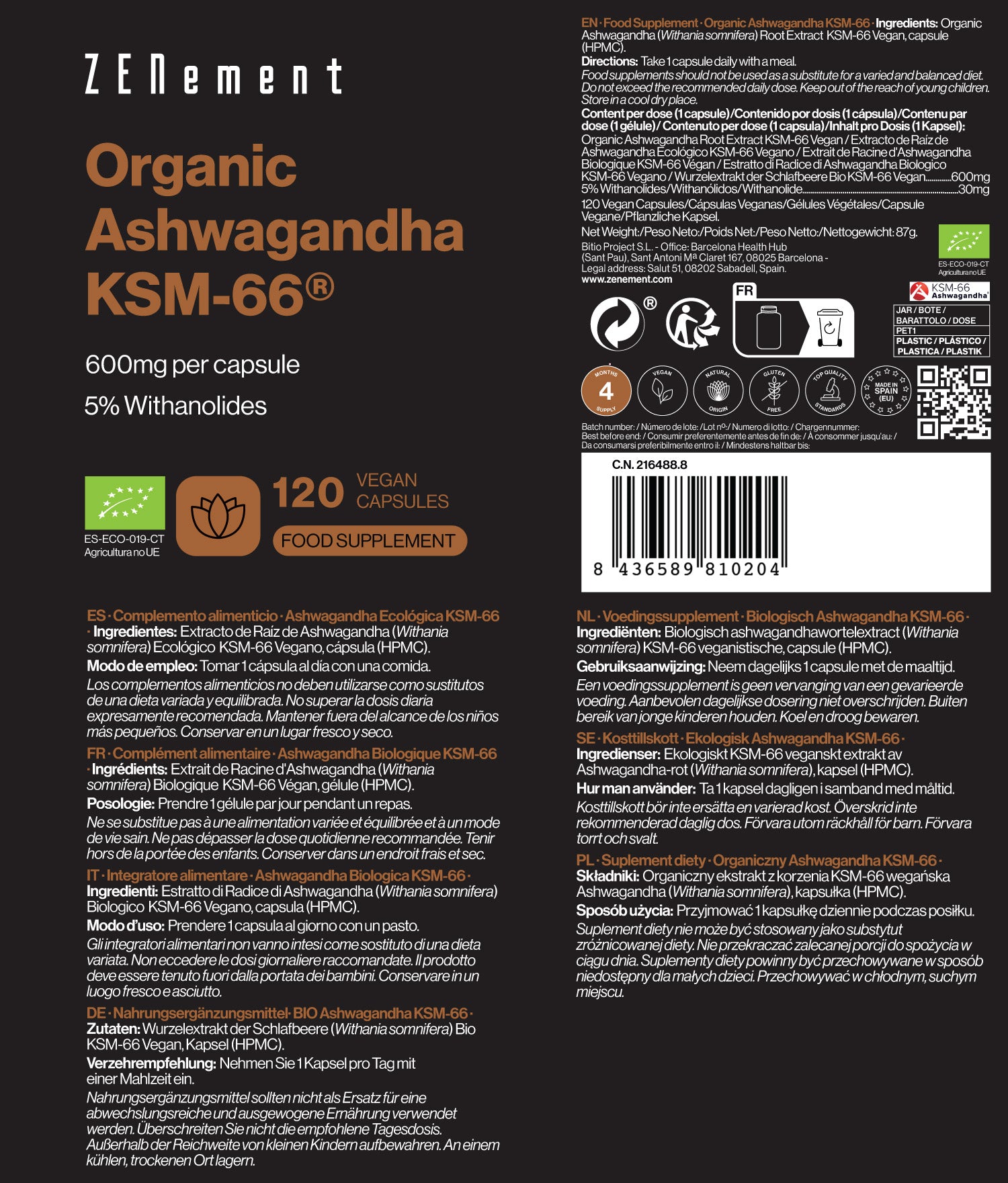 Ashwagandha Biologica KSM-66 600 mg per capsula - 120 Capsule