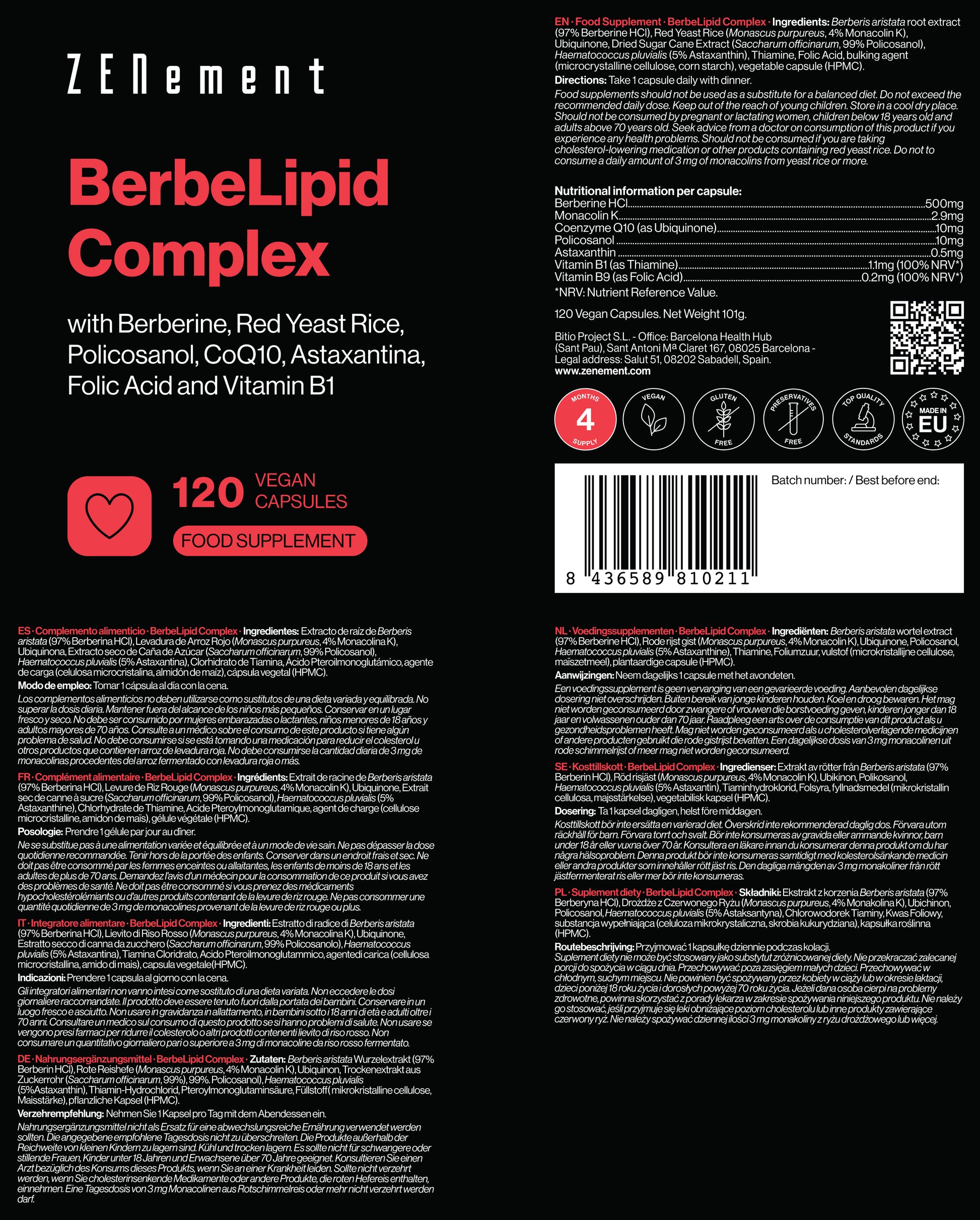 BerbeLipid Complex with Berberine, Red Yeast Rice, Policosanol, Q10, Astaxanthin, Folic Acid and Vitamin B1 - 120 Capsules