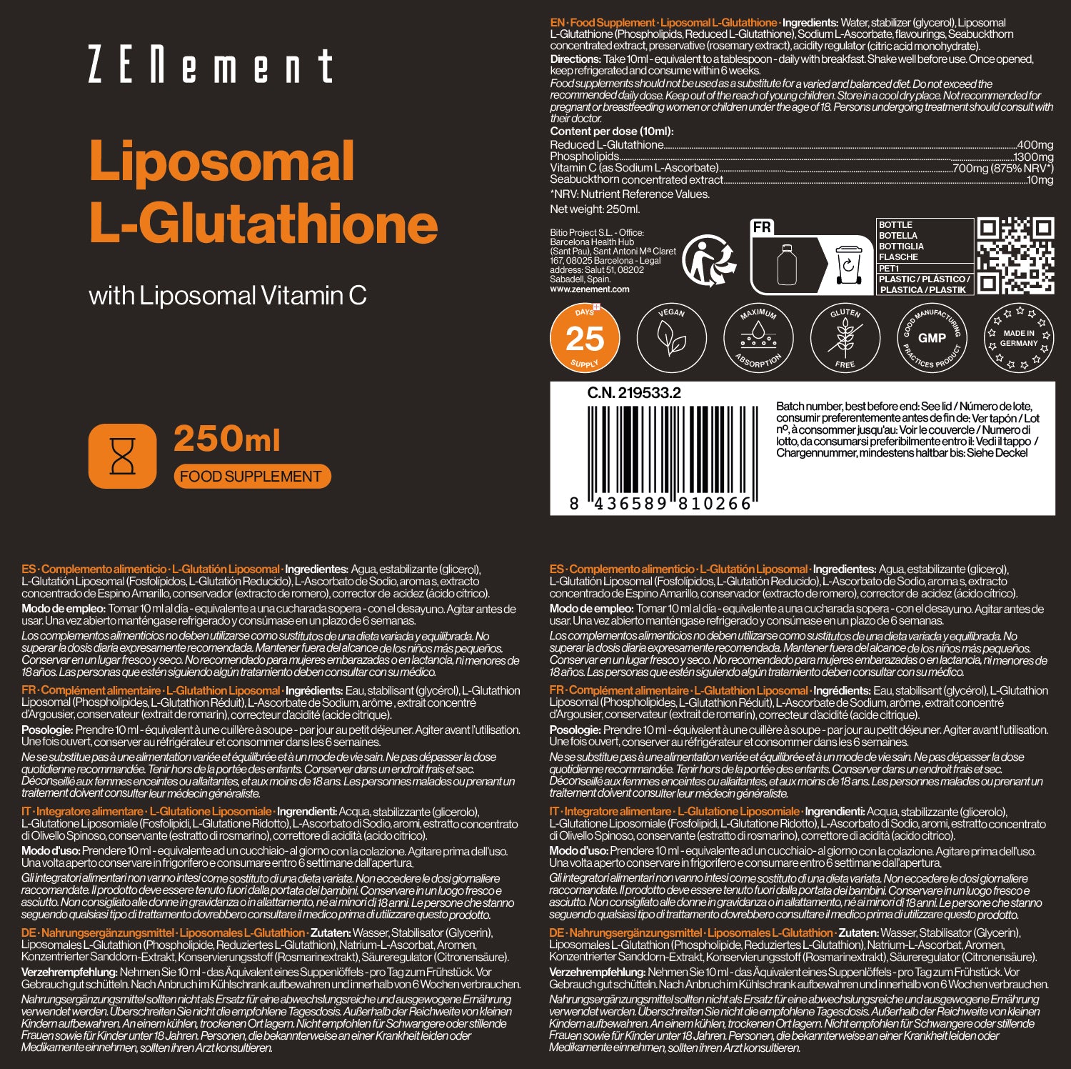 Liposomal L-Glutathione + Vitamin C - 250 ml