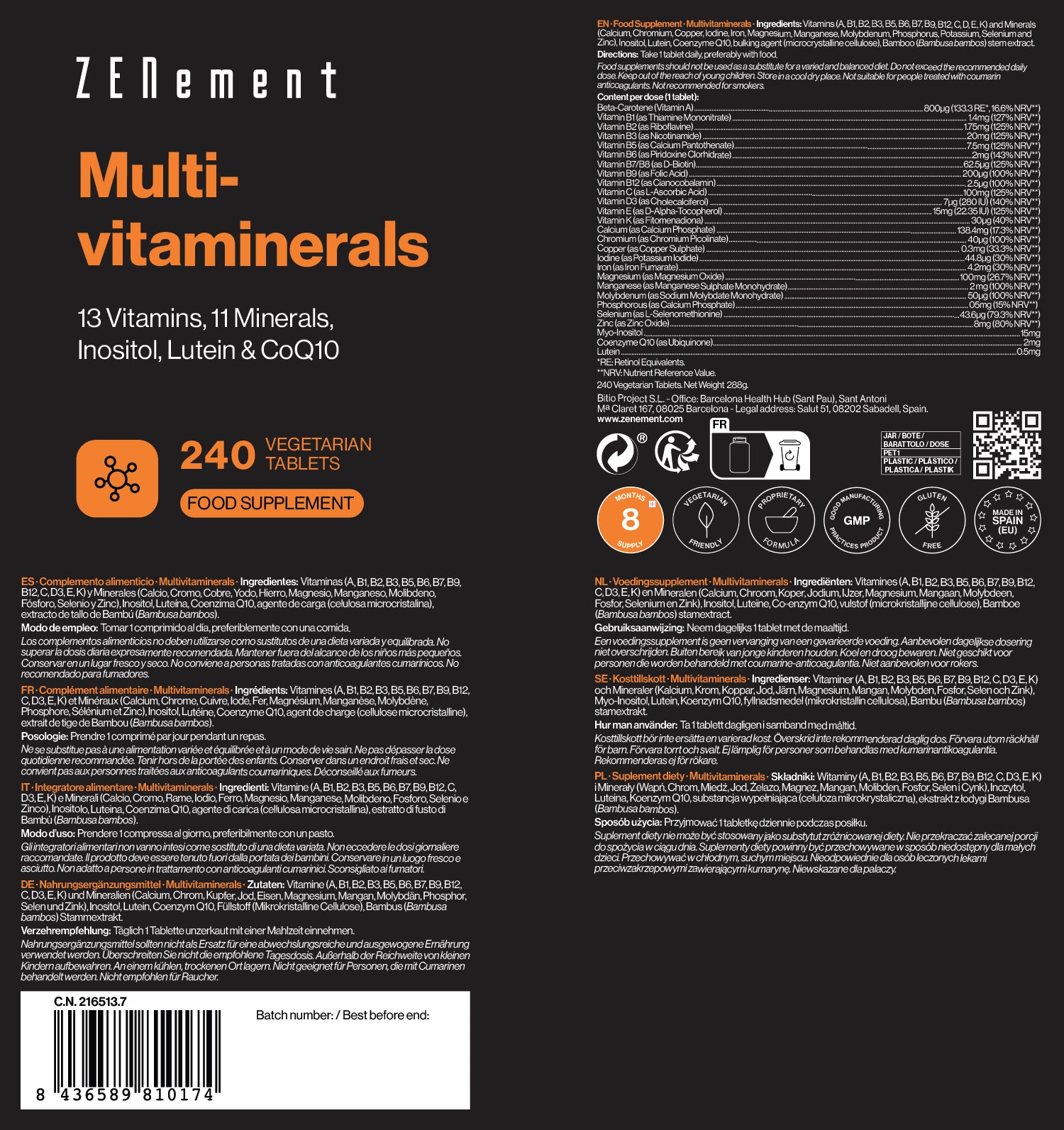 Multivitaminerals 13 Vitamine, 11 Mineralien, Inositol, Lutein und CoQ10 - 240 Tabletten