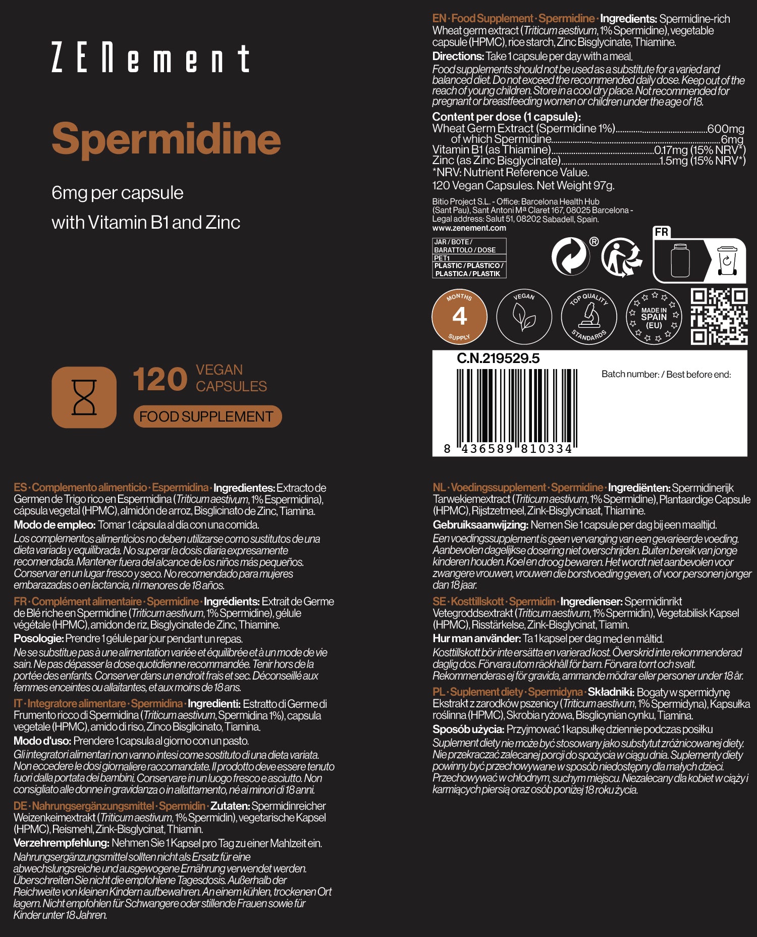 Spermidina 6 mg per capsula - 120 Capsule Vegani