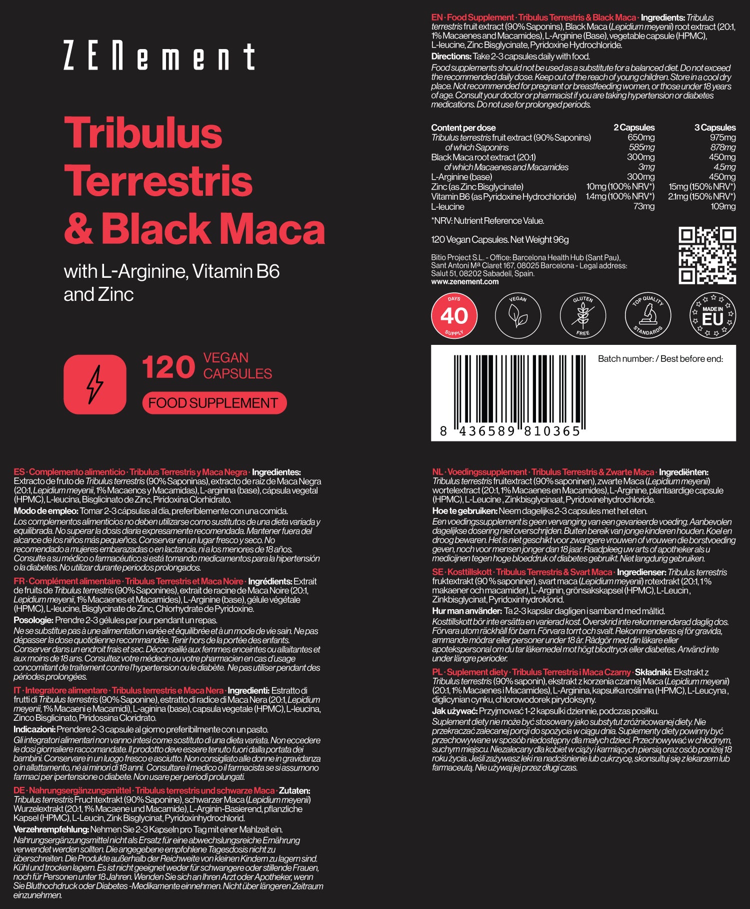 Tribulus Terrestris et Maca Noire avec L-Arginine, Vitamine B6 et Zinc - 120 Gélules