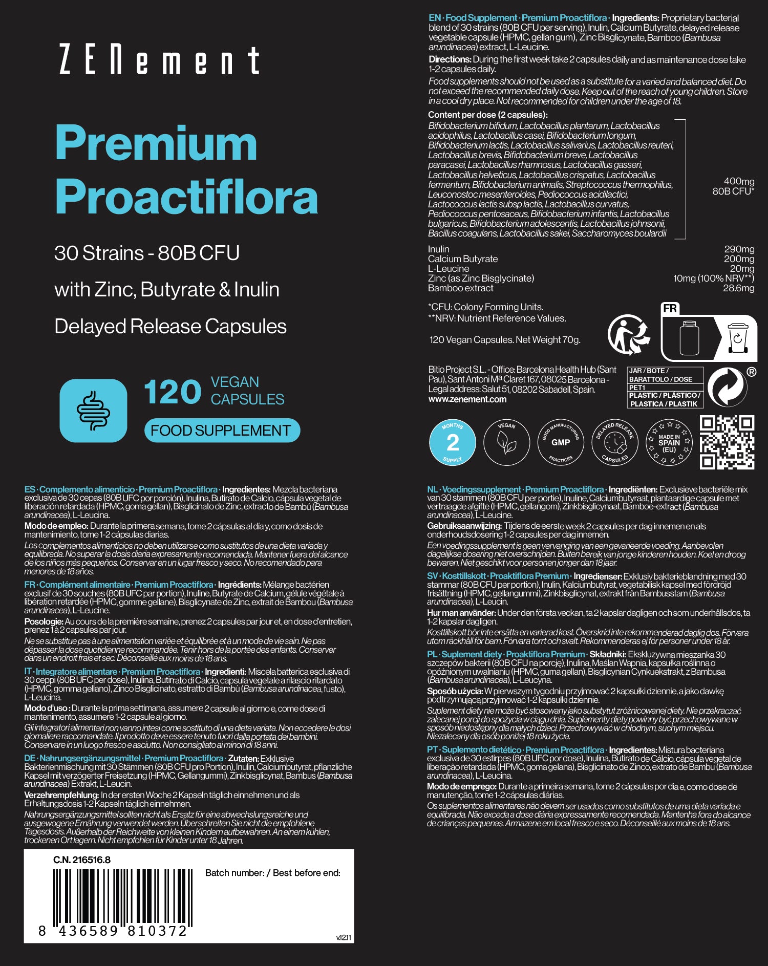 Premium Proactiflora 30 Strains | 80B CFU + Butirate, Inulin & Zinc - 120 Capsules