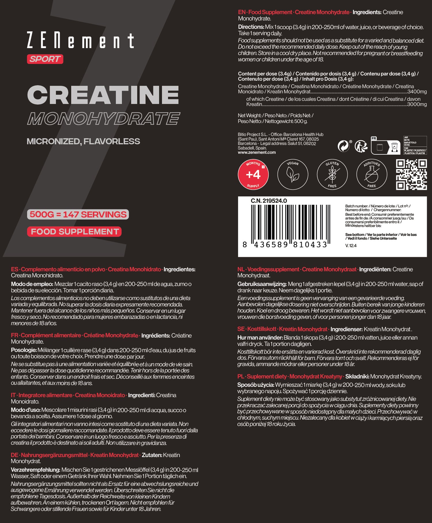 Créatine Monohydrate Pure en Poudre - 500g