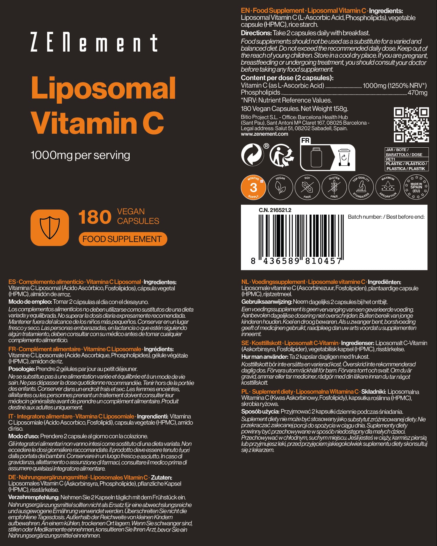 Liposomal C-vitamin 1000mg pro Portion - 180 Kapseln