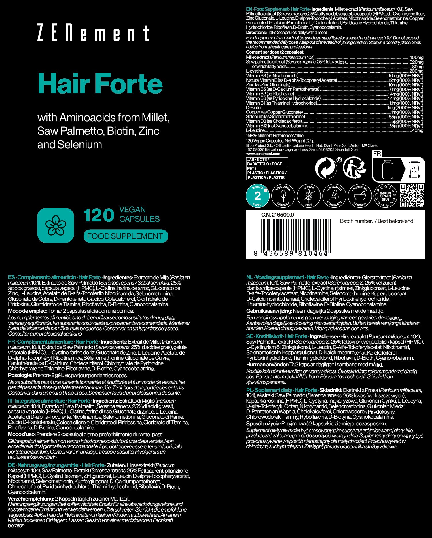 Hair Forte with Aminoacids from Millet, Saw Palmetto, Biotin, Zinc and Selenium - 120 Capsules