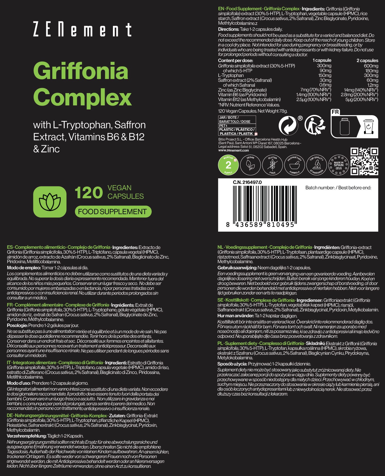 Complesso di Griffonia con L-Triptófano, Estratto di zafferano, B6, B12 e Zinco - 120 Capsule