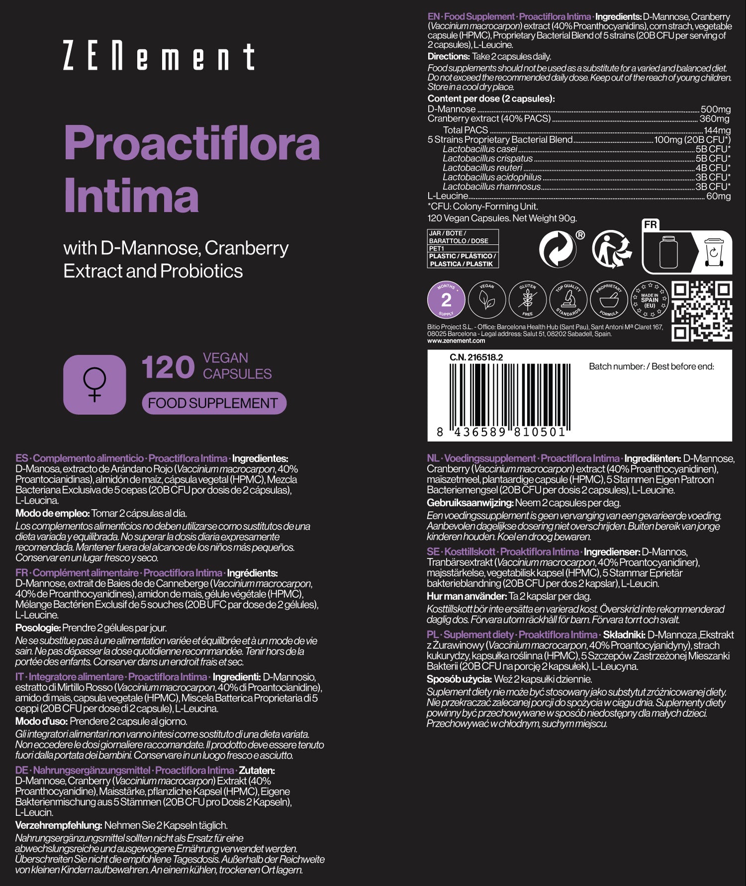Proactiflora Intima with D-Mannose, Cranberry Extract and Probiotics - 120 Capsules