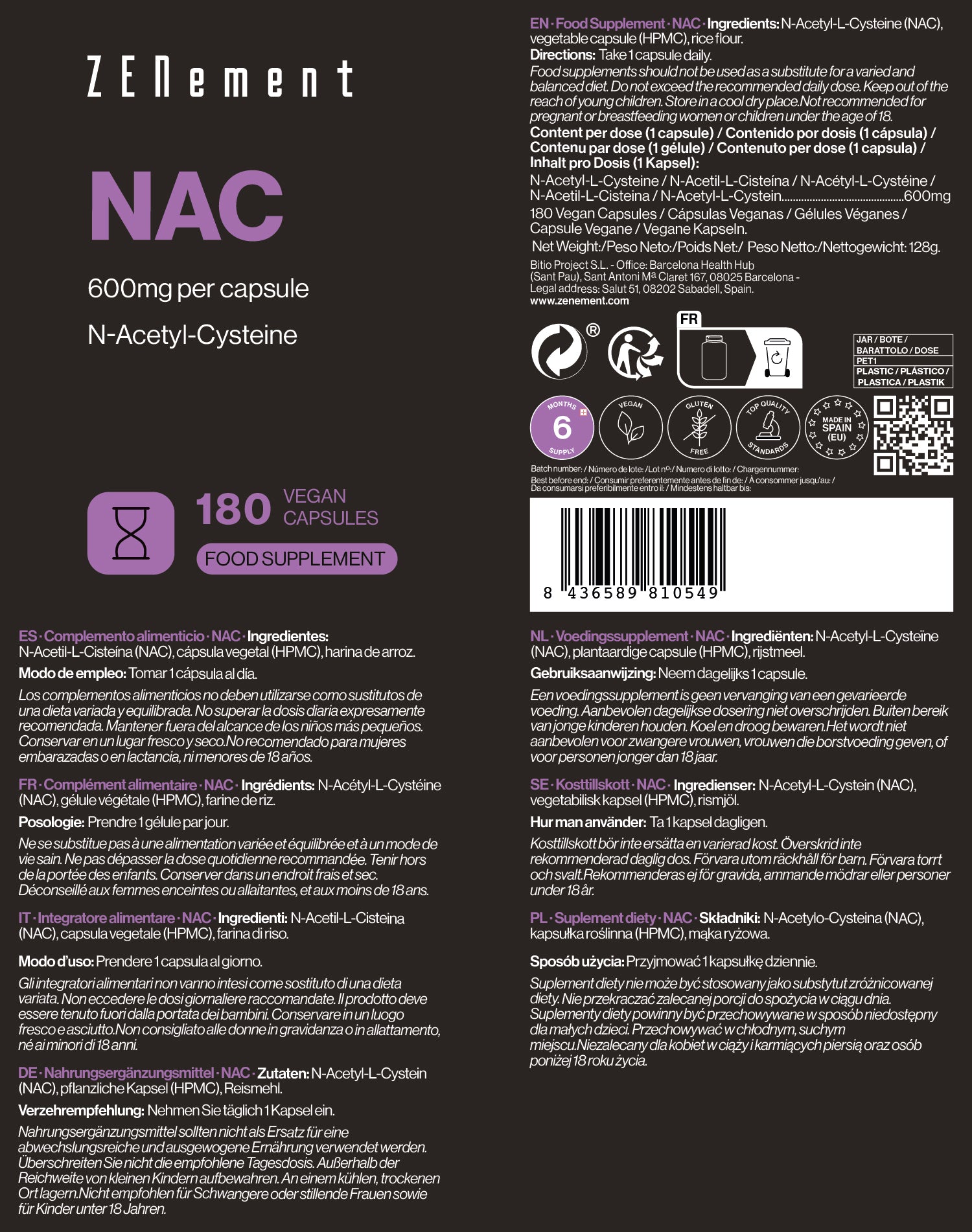 NAC 600mg per capsule - 180 Vegan Capsules