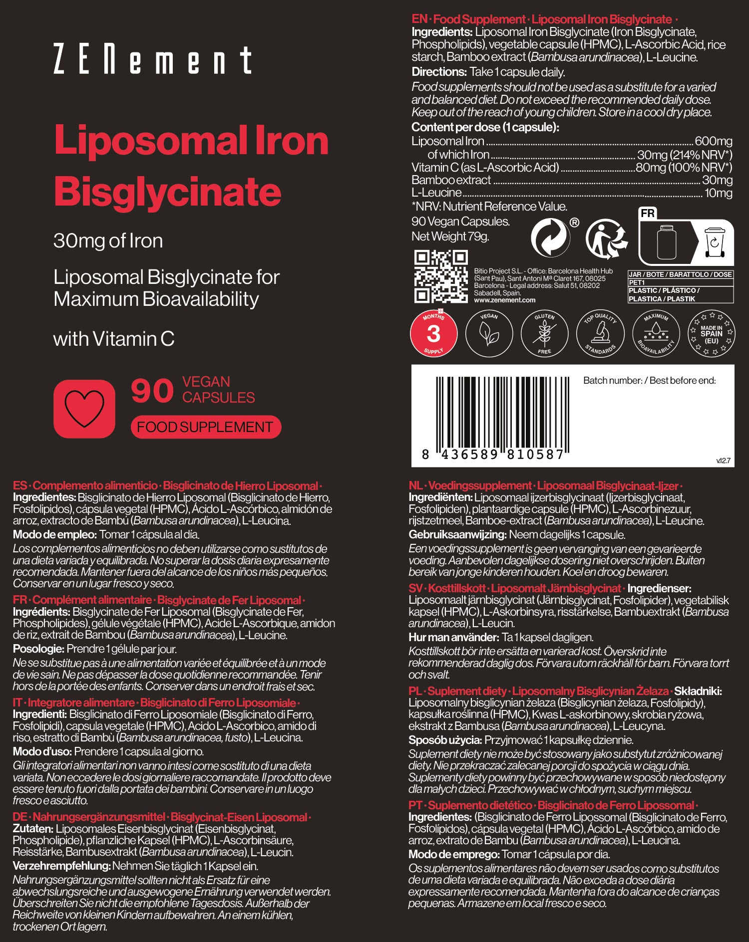 Bisglycinate de Fer Liposomal avec de la Vitamine C - 90 Gélules Véganes