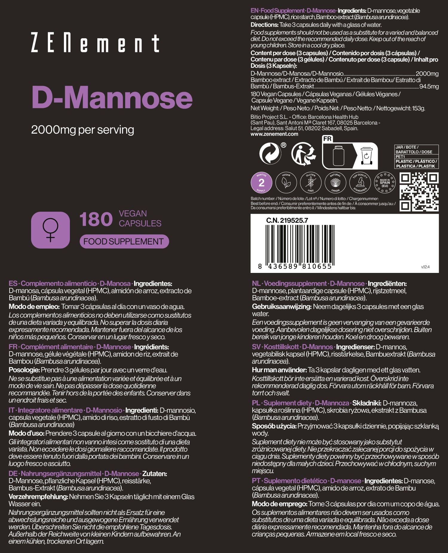 D-Mannose 2000 mg par dose - 180 Gélules Véganes
