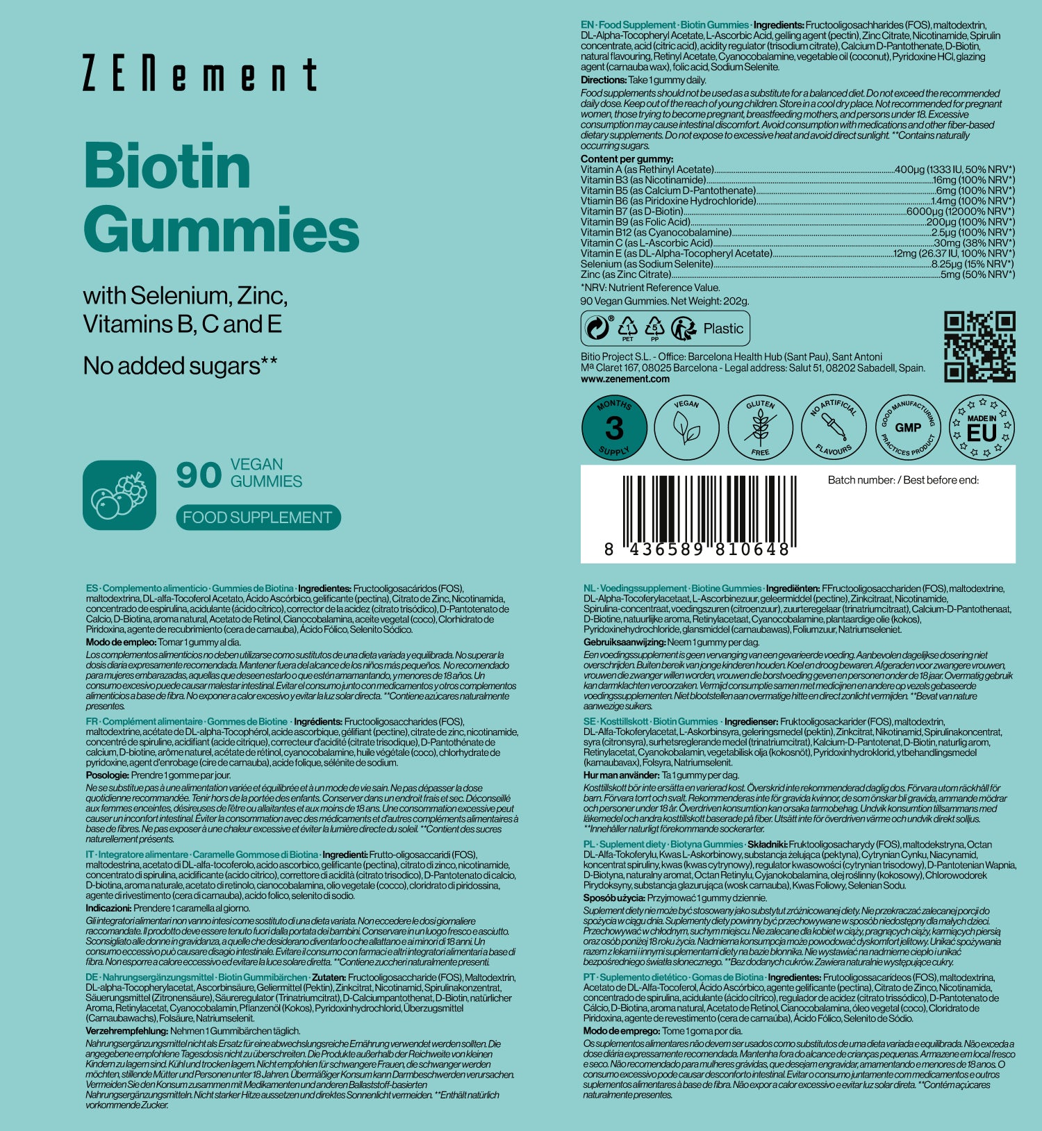 Biotin Gummies with Selenium, Zinc, Vitamins B, C and E - 90 Vegan Gummies