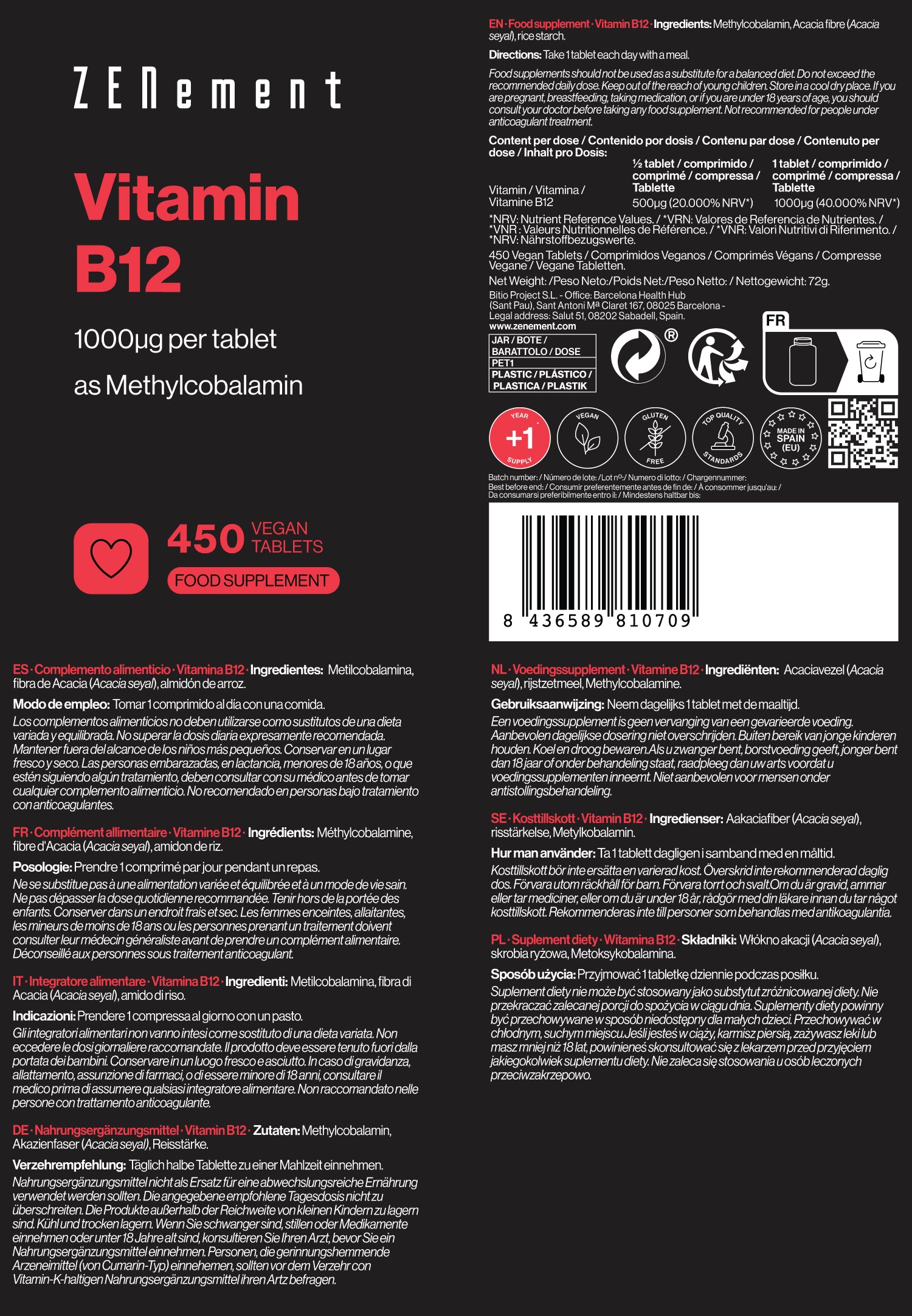 Vitamina B12 1000 µg por comprimido - 450 Comprimidos