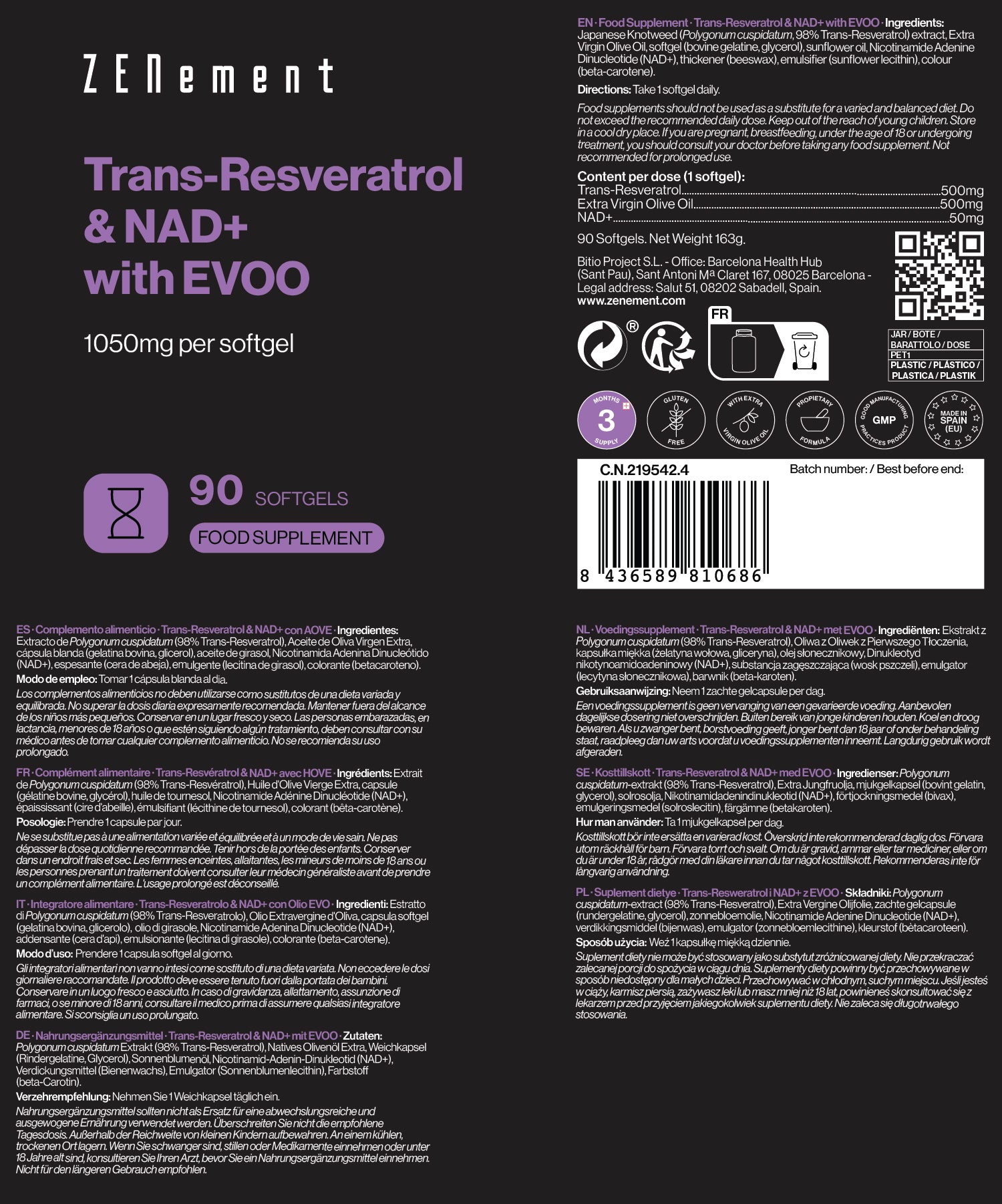 Trans-Resveratrol & NAD+ avec HOVE Bio 1050mg par capsule - 90 Capsules