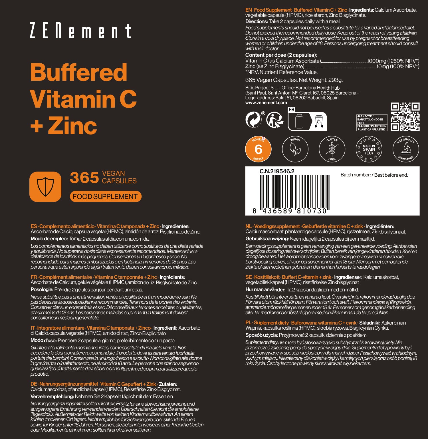 Vitamin C Gepuffert + Zink  - 365 Kapseln