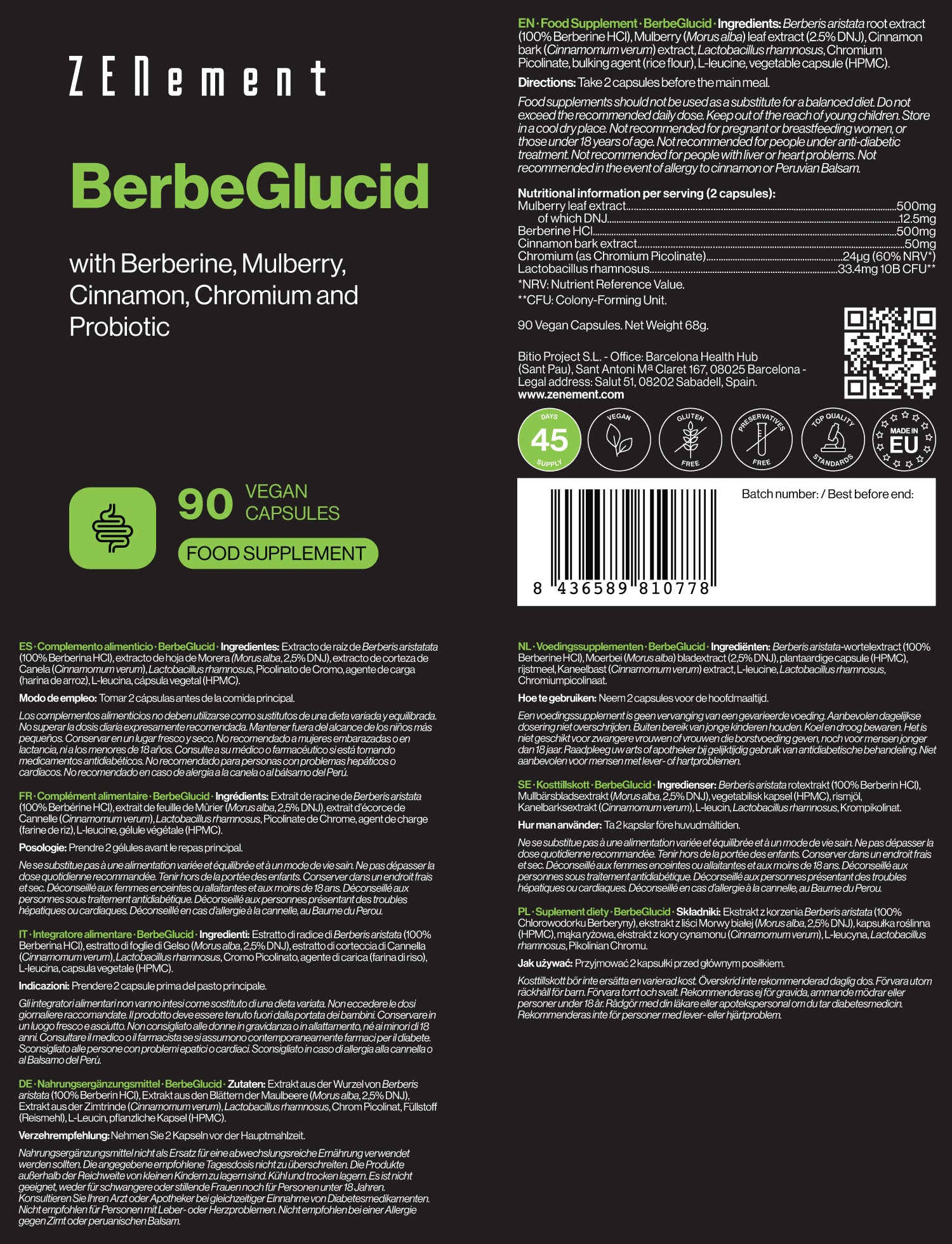 BerbeGlucid avec Berbérine, Mûrier, Cannelle, Chrome et Probiotique - 90 Gélules Végétales
