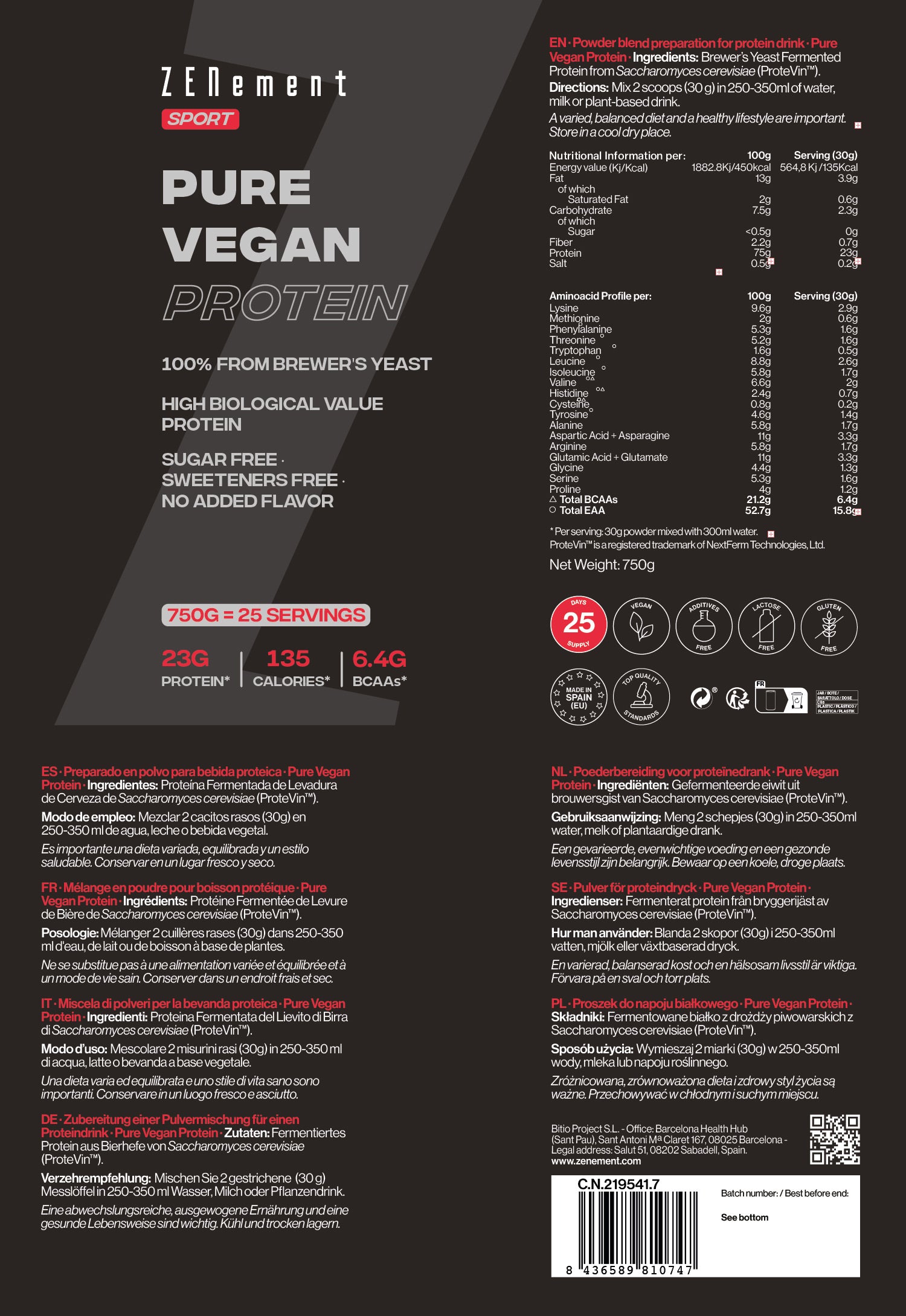 Pure Vegan Protein 100% Levvure De Bière - 750 g