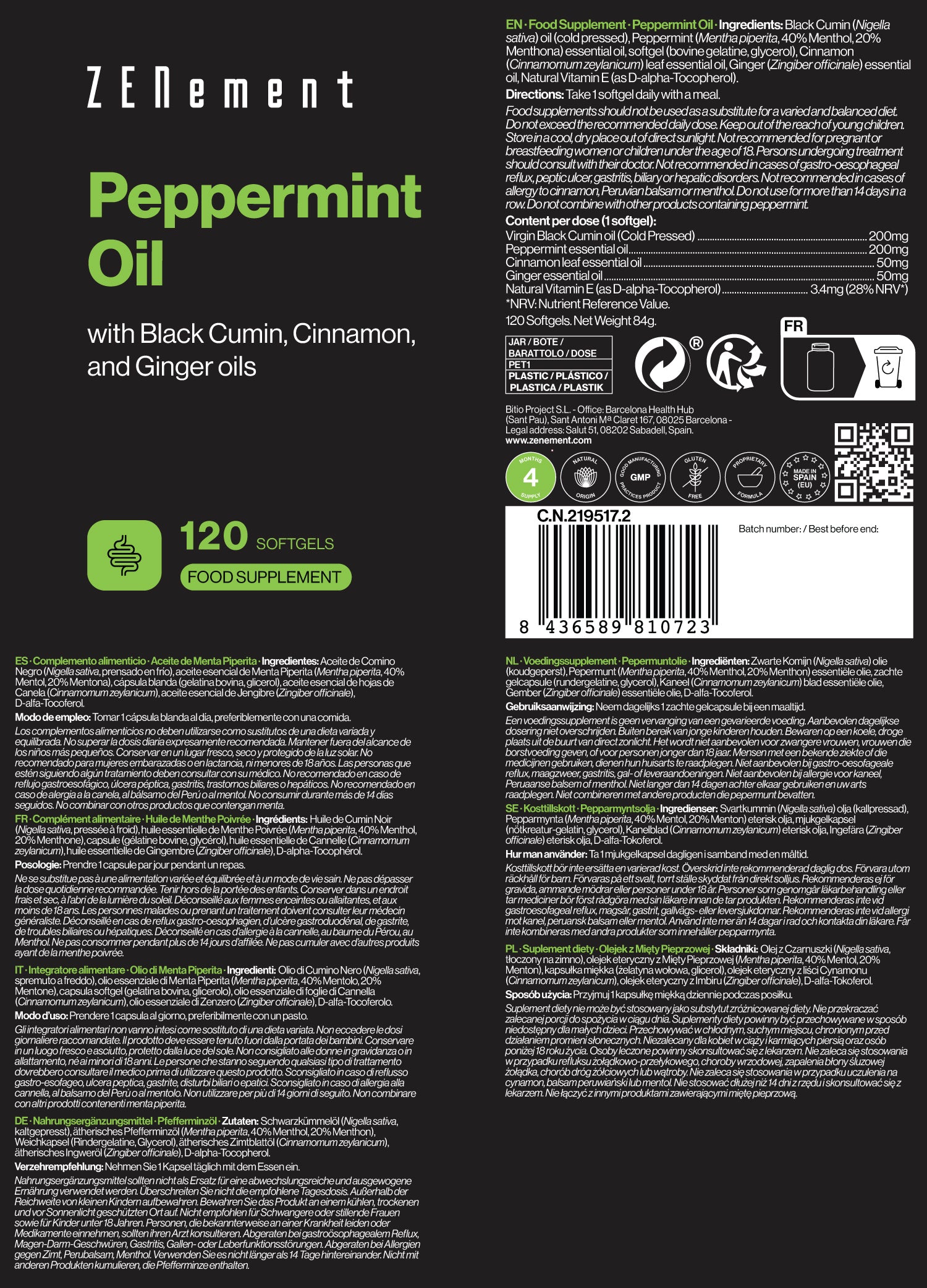 Peppermint Oil with Black Cumin, Cinnamon, and Ginger oils - 120 Softgels