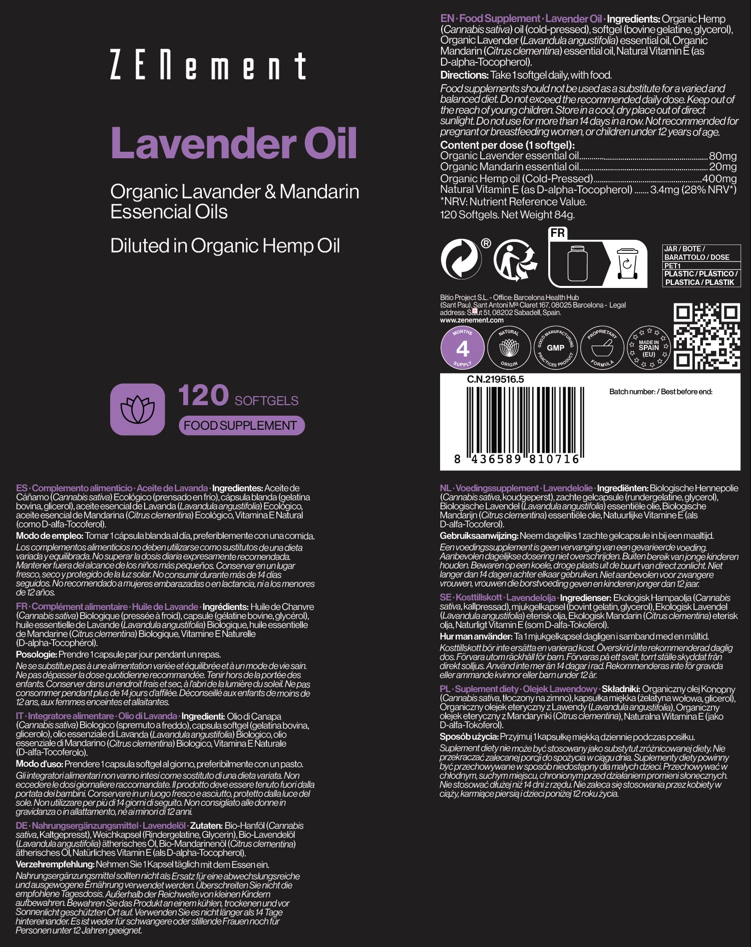 Olio di Lavanda con Oli di Lavanda, Mandarino e Canapa - 120 Capsule Softgel