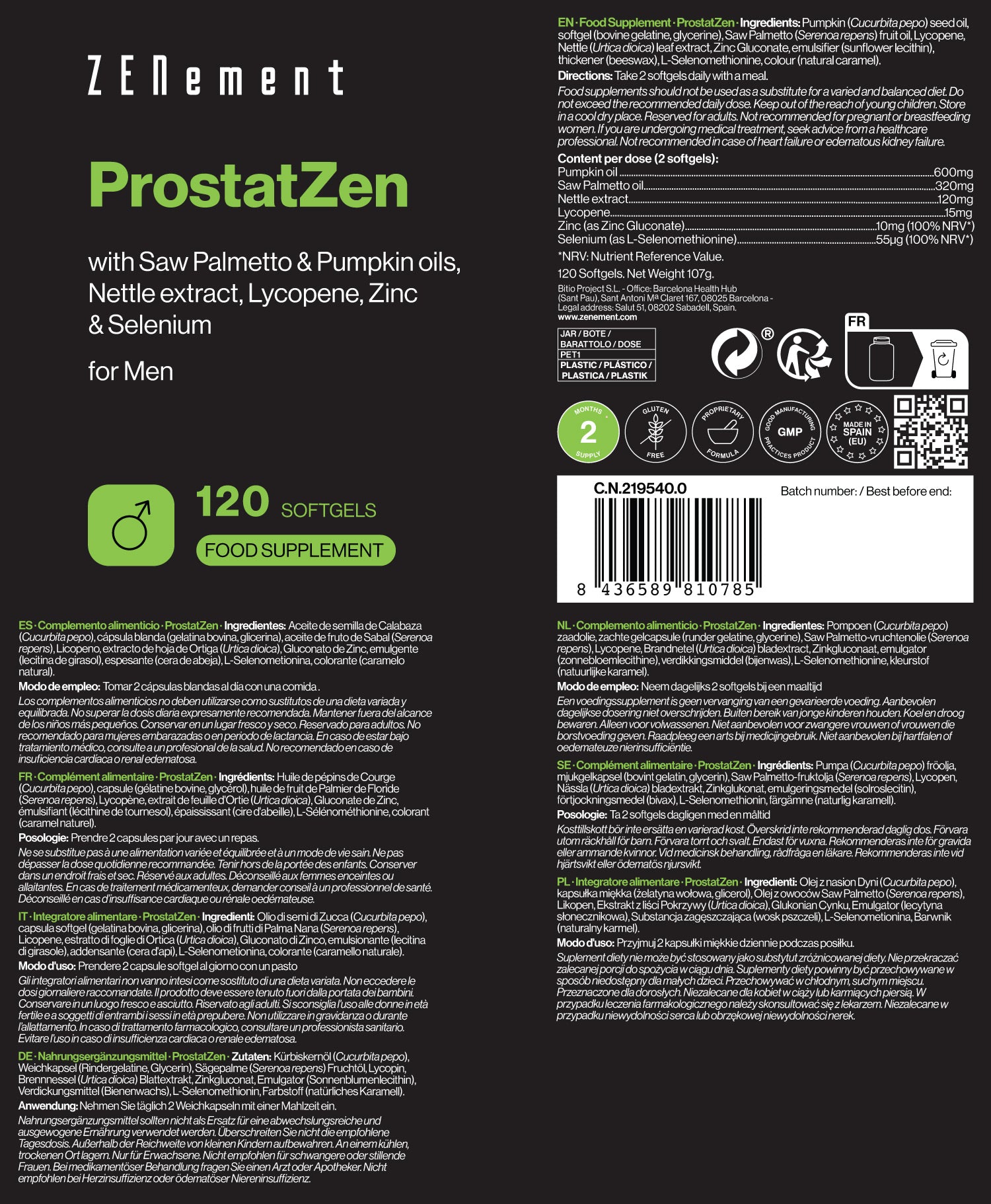 ProstatZen avec des huiles de Palmier de Floride et de Courge, extrait d’Ortie, Lycopène, Zinc et Sélénium - 120 Capsules