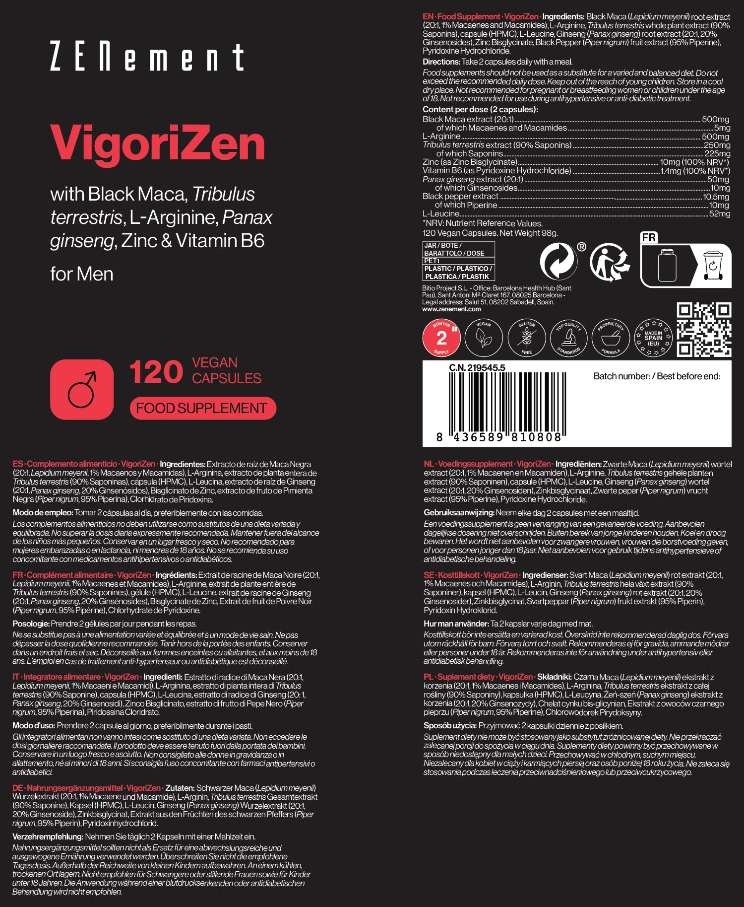 VigoriZen mit Schwarzer Maca, Tribulus terrestris, L-Arginin, Panax Ginseng, Zink und Vitamin B6 - 120 Vegan Kapseln