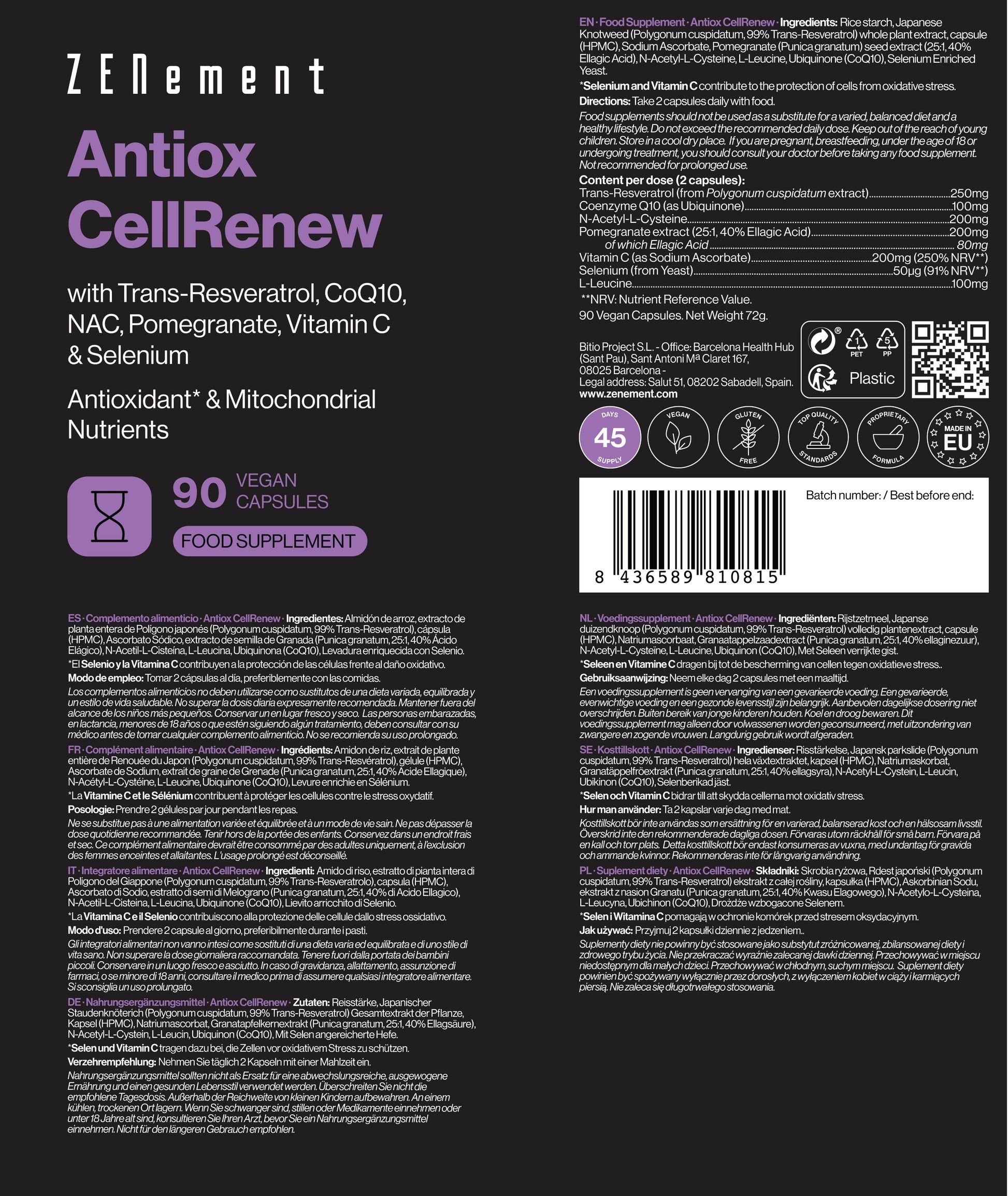 Antiox CellRenew avec Trans-Resvératrol, CoQ10, NAC, Grenade, Vitamine C et Sélénium. - 90 Gélules Végétales