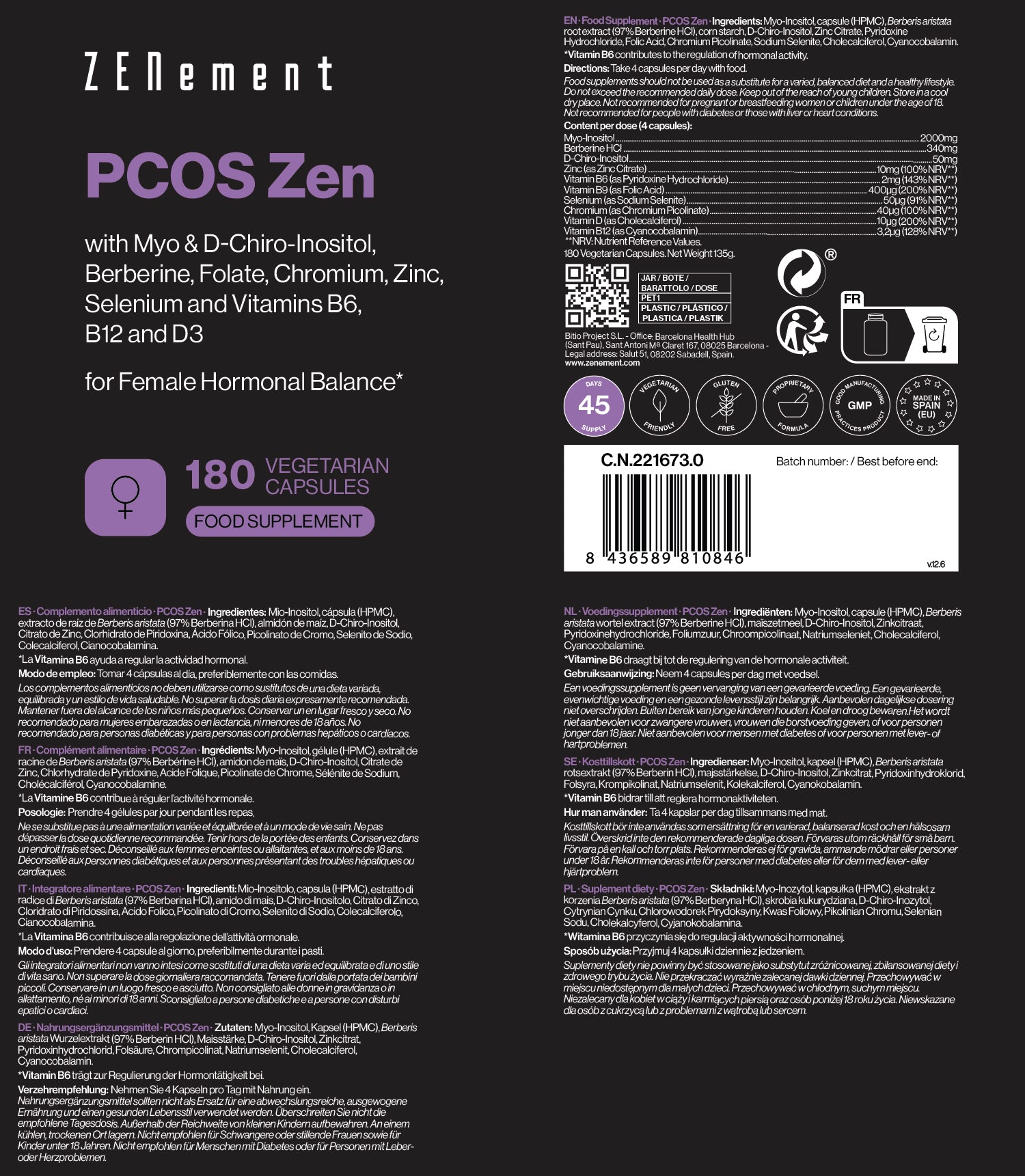 PCOS Zen avec Myo et D-Chiro Inositol, Berbérine, Folate, Chrome, Zinc, Sélénium et Vitamines B6, B12 et D3 - 180 Gélules Végétariennes
