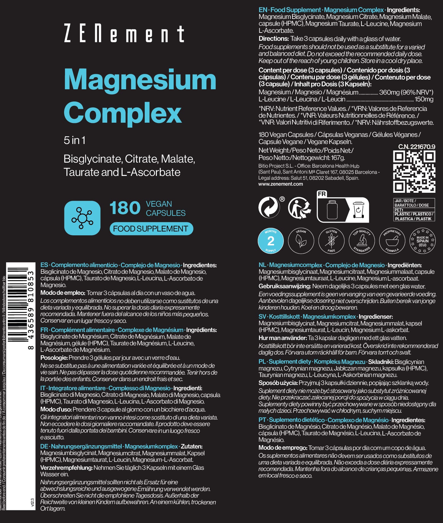 Magnesium Complex 5 in 1 - 180 Vegan Capsules