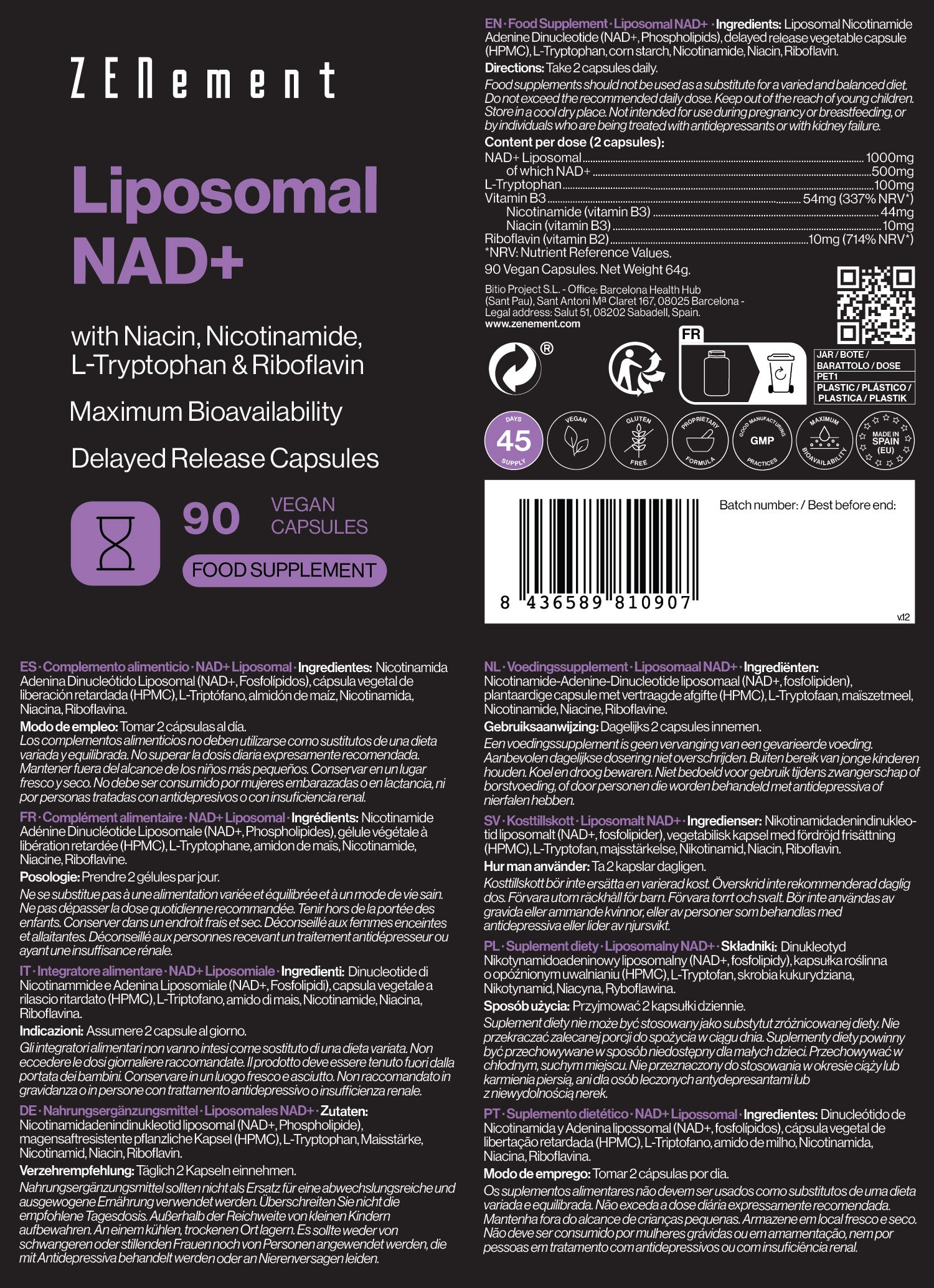 Liposomales NAD⁺ mit L-Tryptophan, Niacin, Nicotinamid und Riboflavin - 90 Vegane Kapseln