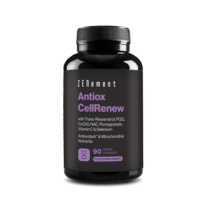 Antiox CellRenew avec Trans-Resvératrol, PQQ, CoQ10, NAC, Grenade, Vitamine C et Sélénium. - 90 Gélules Végétales