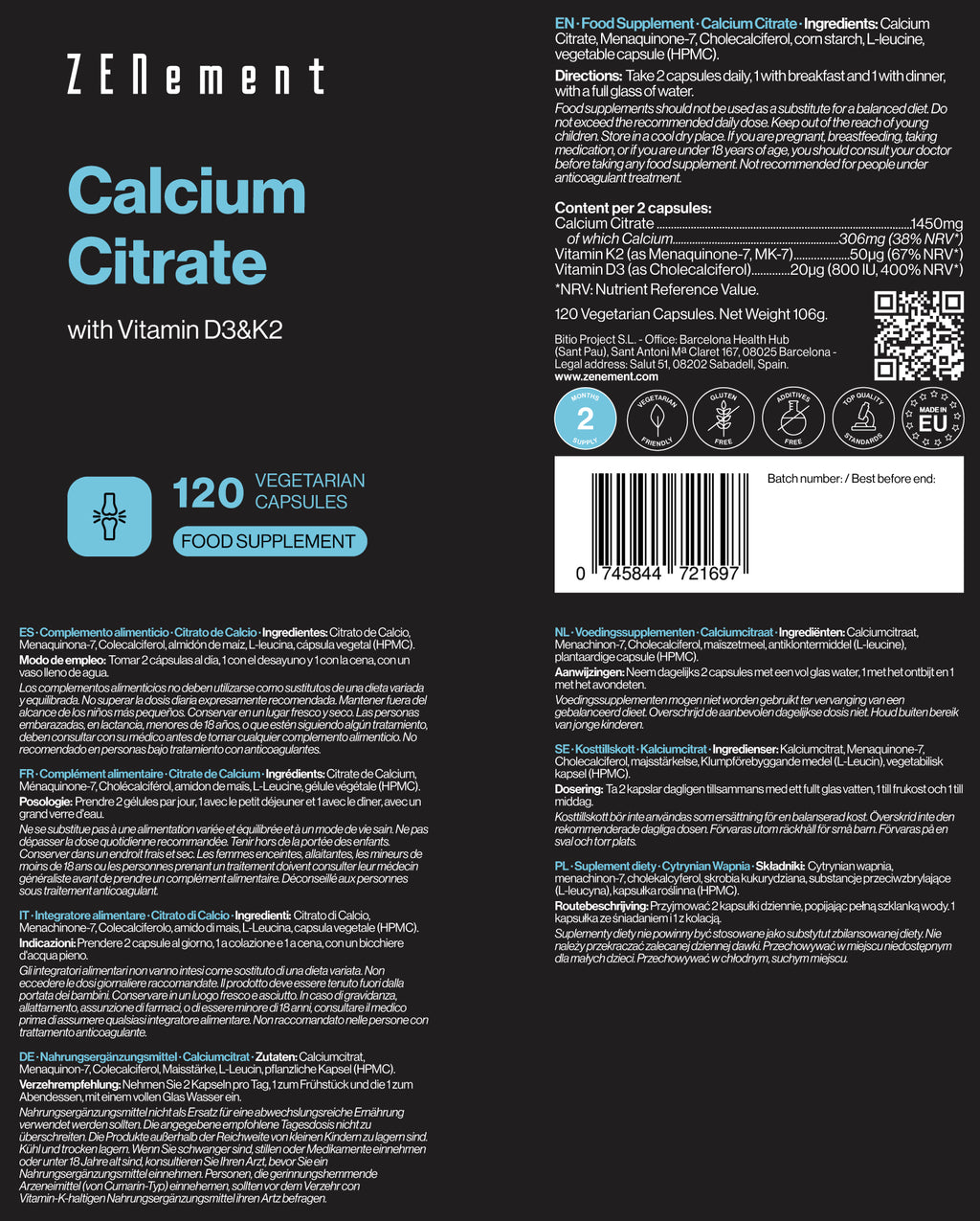 Citrato di Calcio con Vitamina D3 e K2 - 120 Capsule Vegetariane