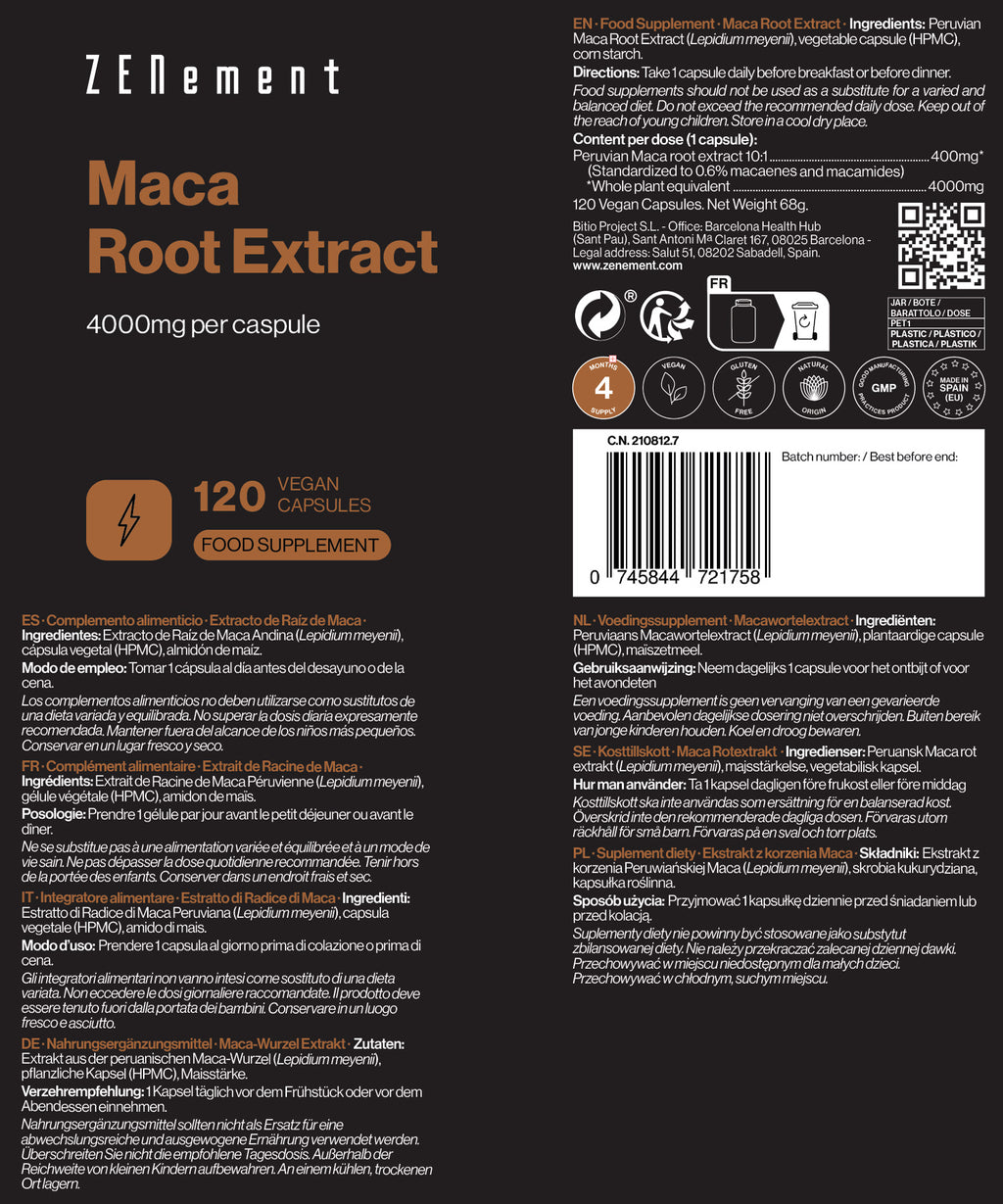 Extracto de Raíz de Maca Peruana 4000 mg 4000 mg por cápsula - 120 Cápsulas