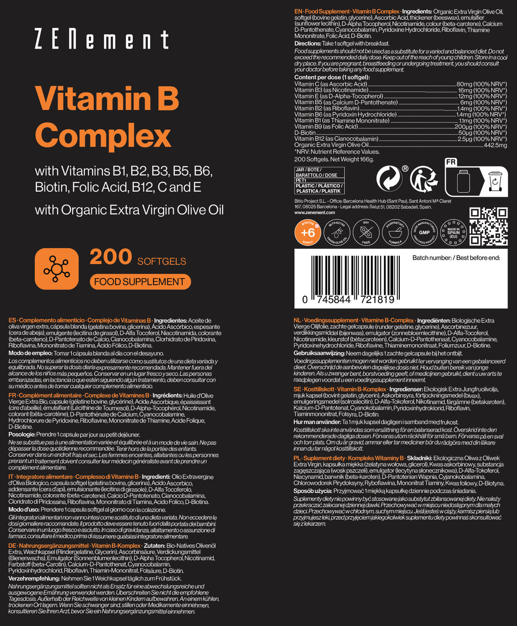 Complexe de Vitamines B Contient les 8 vitamines B essentielles + les vitamines C et E - 200 Capsules