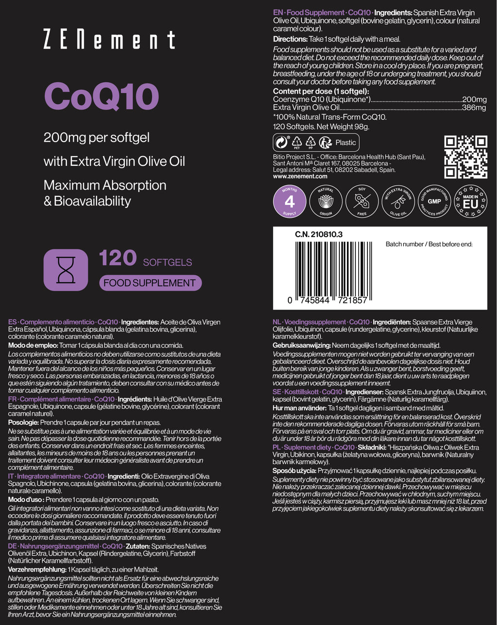 CoQ10 200 mg por perla - 120 Softgels