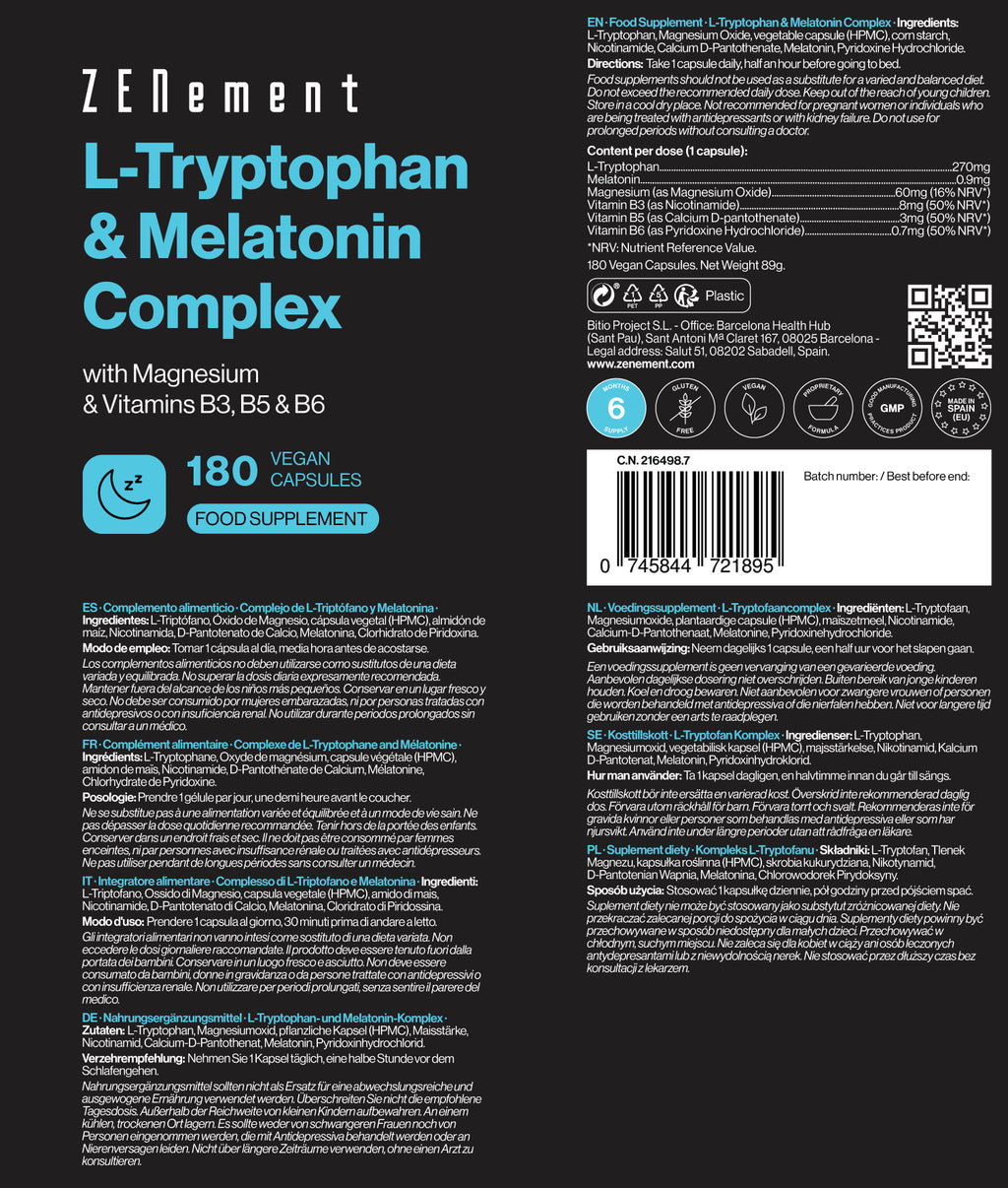 Complejo de L-Triptófano con Melatonina, Magnesio + Vitaminas B3, B5 y B6 - 180 Cápsulas