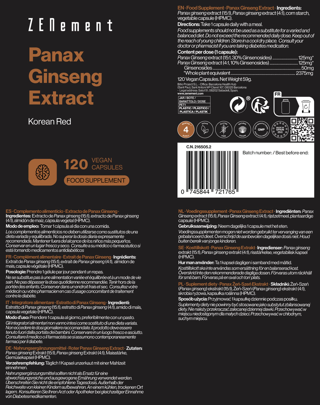 Estratto di Panax Ginseng Altamente concentrato - 120 Capsule