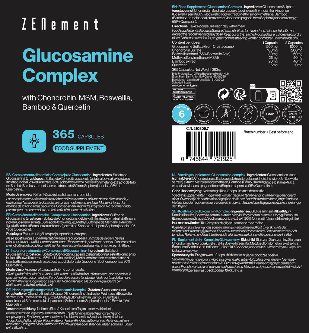 Complejo de Glucosamina con Condroitina, MSM, Boswellia, Bambú y Quercetina - 365 Cápsulas