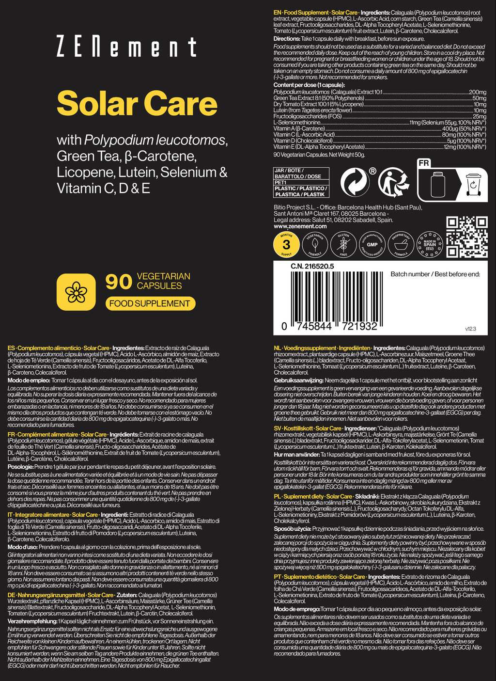 Solar Care avec Polypodium leucotomos, Thé Vert, Caroténoïdes, Sélénium et Vitamines - 90 Gélules